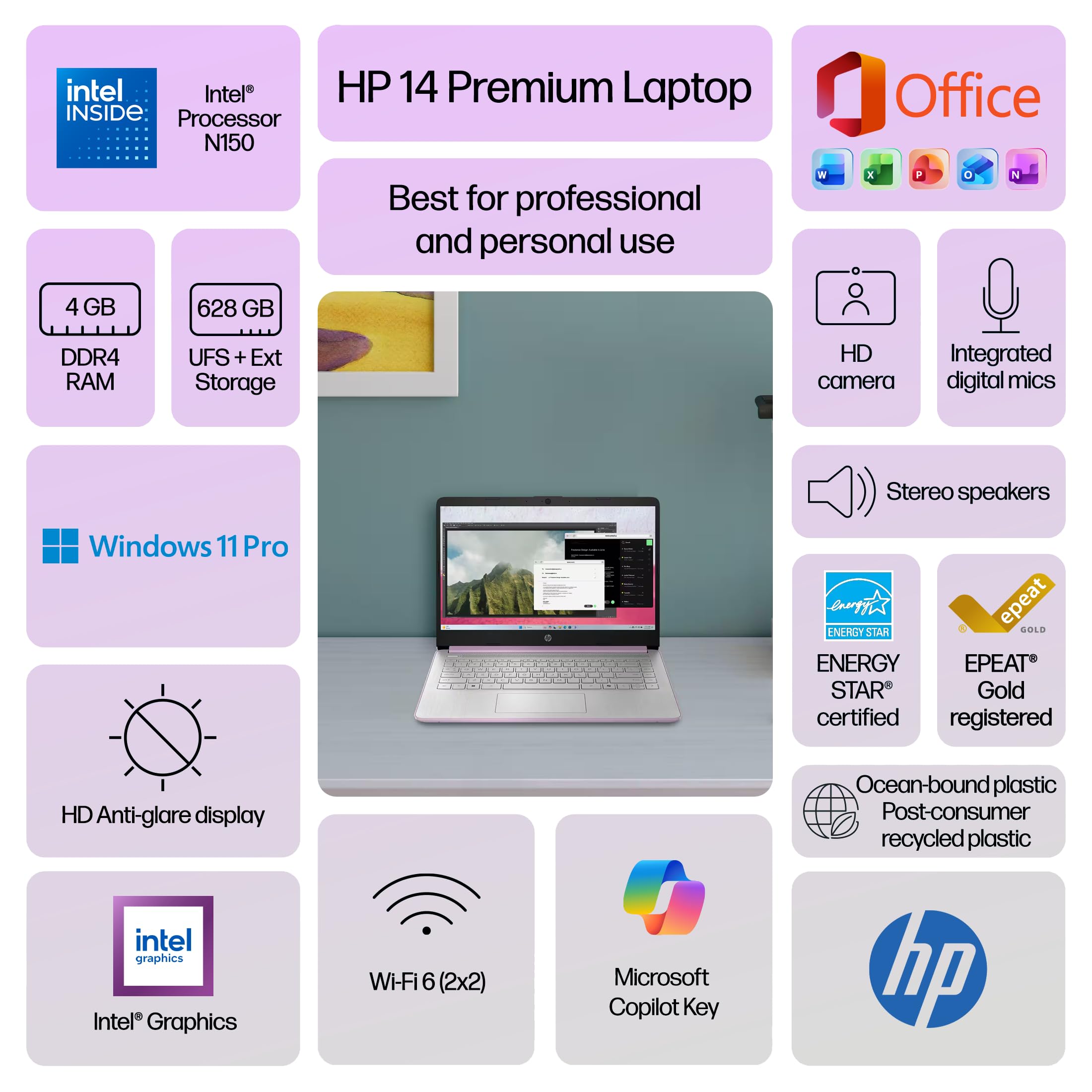 HP Flagship 14" Laptop Computer for 2026 Business Student with Office Suite, Copilot AI, Intel Quad-Core CPU, 4GB RAM, 628GB Storage (128GB UFS+500GB Ext), Wi-Fi 6, HubxcelAccs, Win 11 Pro, Lavender — view 3