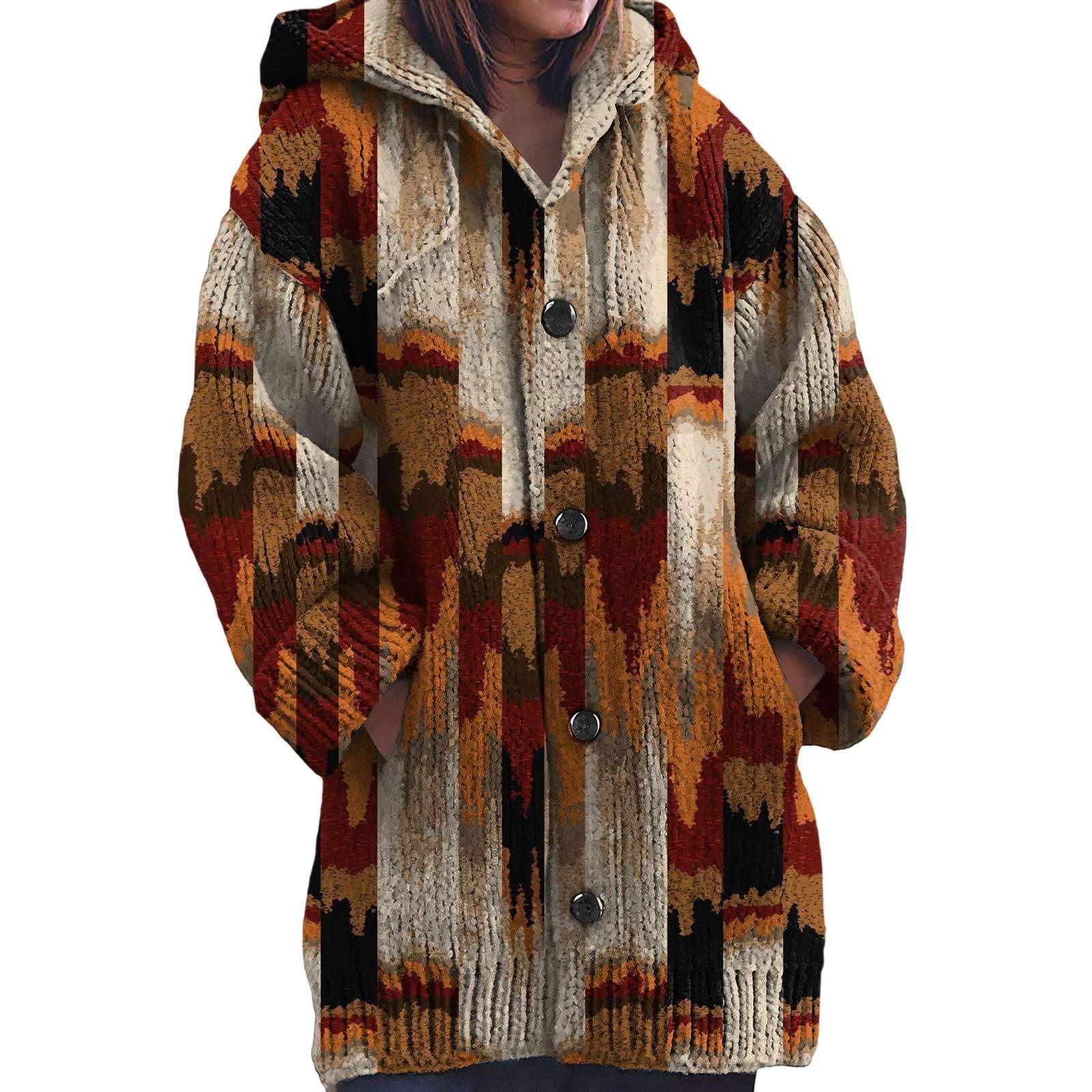 Strickjacken Damen Langarm Kapuzenjacke Button Down Norweger Grobstrick