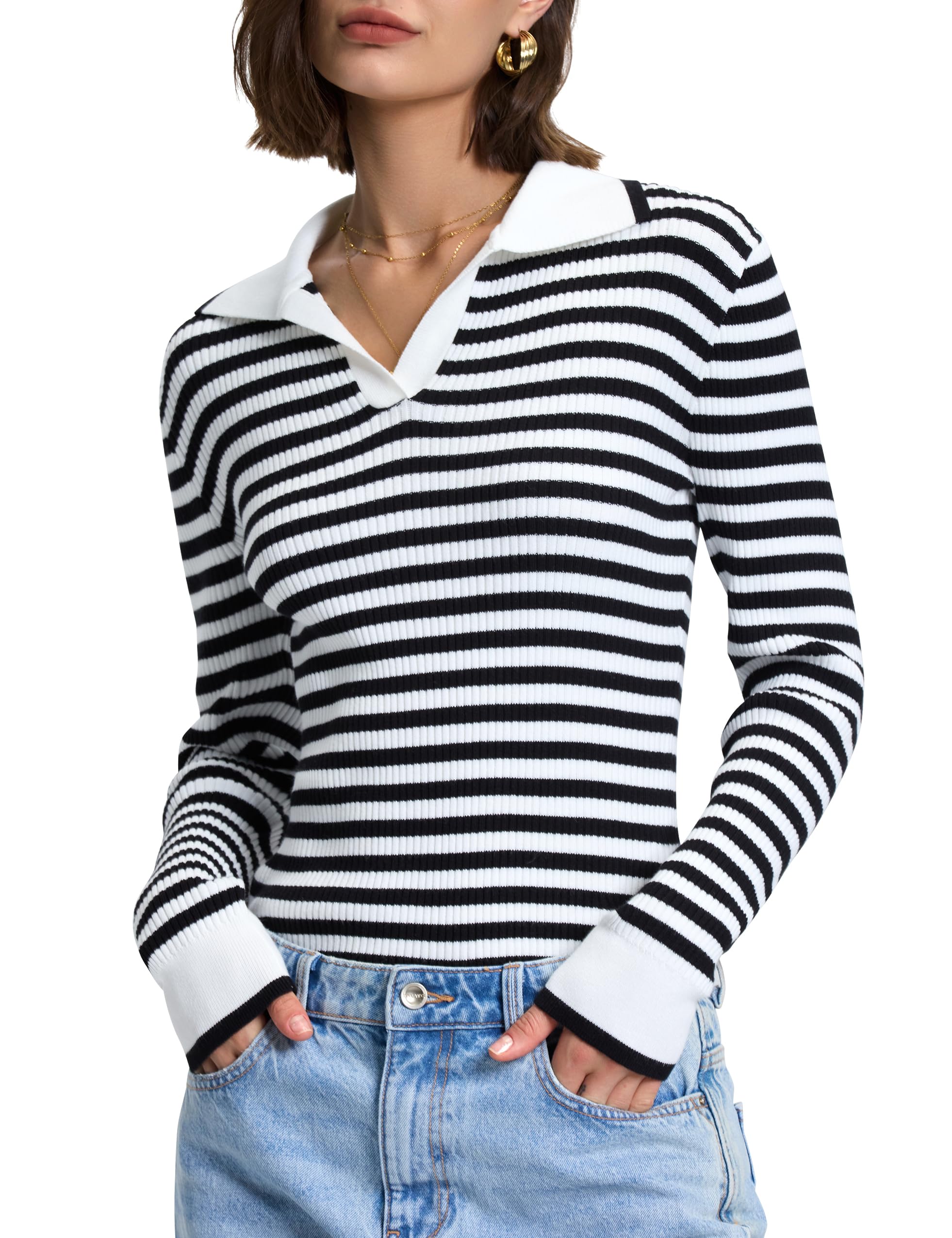 PrettyGuide Women's Collared V Neck Sweaters Casual Fall Long Sleeve Slim Fit Ribbed Knit Cotton Sweater Tops