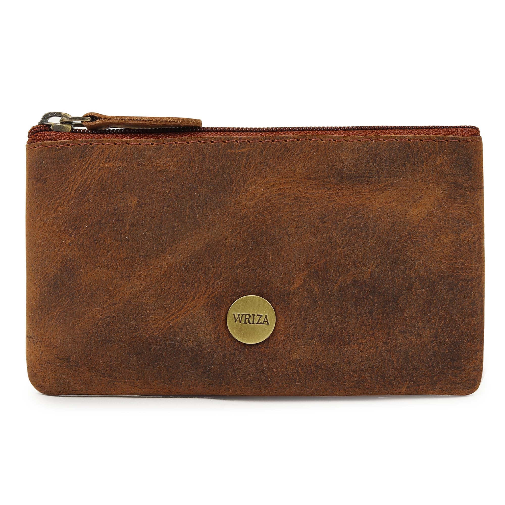 wriza Premium Handcrafted Genuine Leather Key Pouch with Zipper & Metallic Ring | Slim Keychain Case for Men & Women (Brown)-picture-0