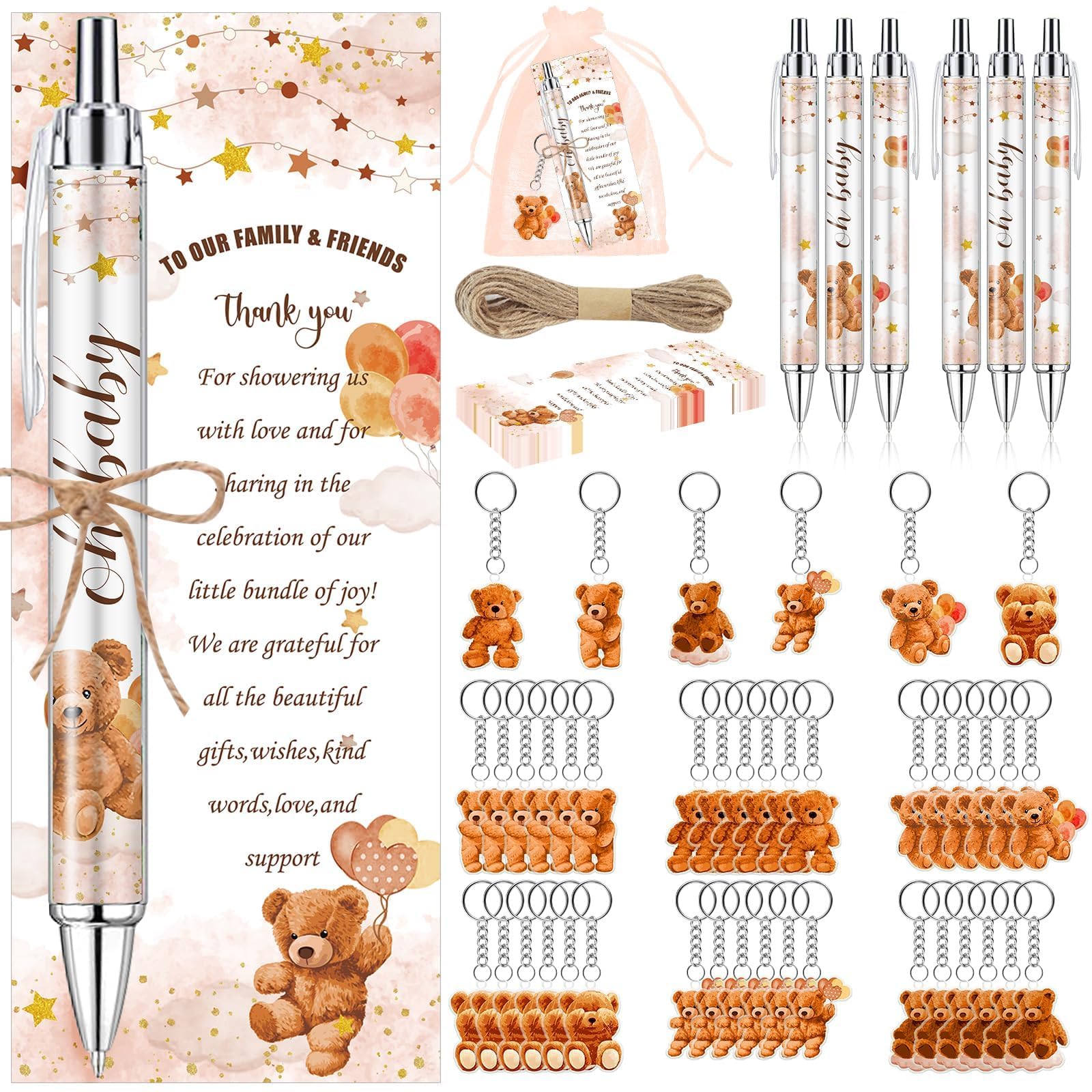 145 Stück Gastgeschenke für Babypartys, brauner Teddybär-Kugelschreiber und Schlüsselanhänger, Geschenke, Großpackung, einziehbare Babyparty-Stifte, Grußkarten, Souvenirs, Preise