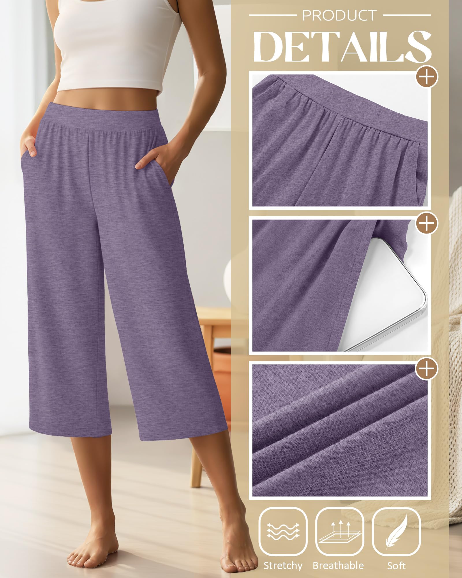 Neer Pantalones Capri para Mujer, de algodón, con Pierna Ancha, Pantalones de Deporte, Pantalones Cortos de Yoga con Bolsillos | Pantalones capri de yoga de pierna ancha, pantalones cortos de ajuste holgado, cintura elástica, pantalones capri de