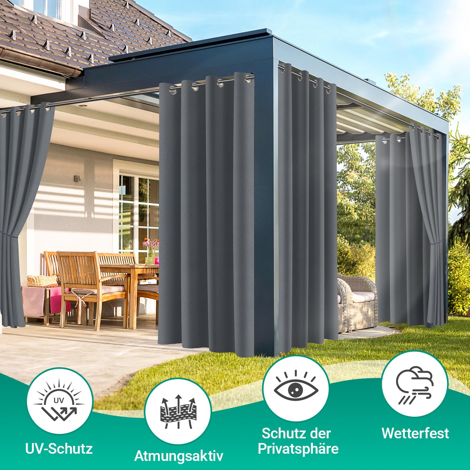 Garden Lot de 2 rideaux d'extérieur résistants aux intempéries avec œillets 254 x 213 cm (hauteur x largeur) - Rideau brise-vue - Protection solaire pour terrasse, balcon, pavillon - Gris