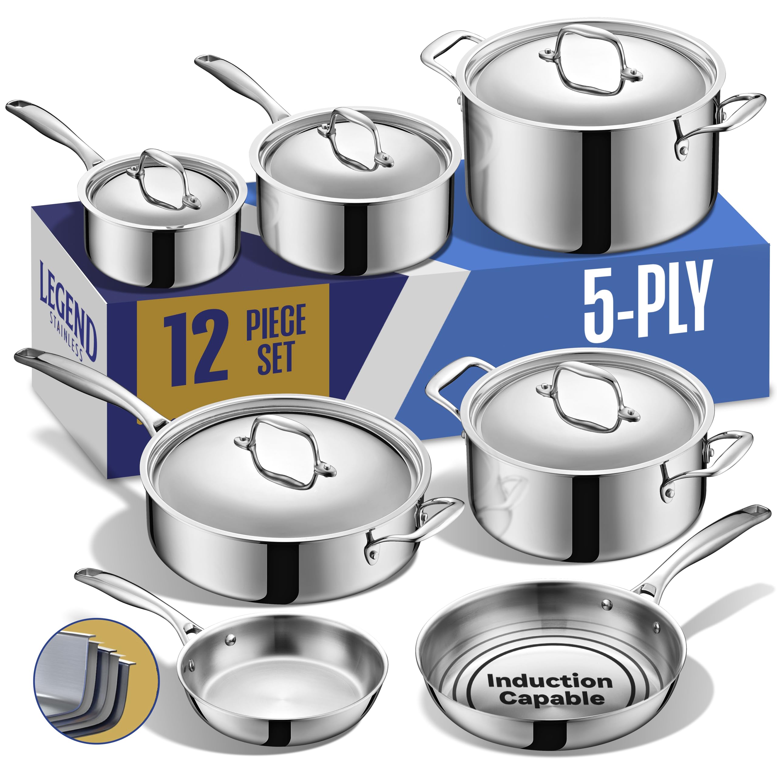 legend cookware 5-ply stainless steel cookware set  12-piece pot and pan set  induction compatible non-toxic  heavy duty 188 full clad construction  oven safe even heating  pfoa ptfe pfos free