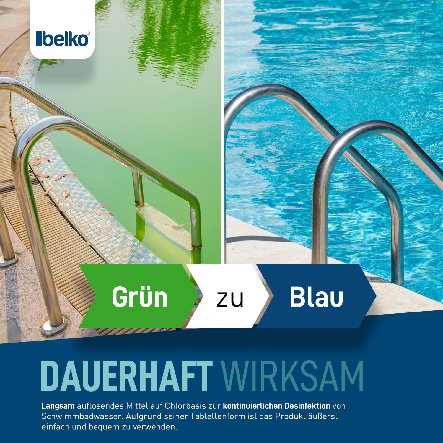 Belko® Chlor MultiTabs 5 in 1, 20 g Multifunktionstabletten, 5 kg VPE, langsamlöslich, Langzeitdesinfektion, Algenvernichtung, Trübungsentfernung, Härtestabilisator für Pools bis 20 m³
