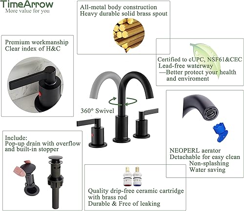 Miniatura 10 de TAF830C-CP - Grifo de lavabo de baño de 2 manijas cromadas, 3 agujeros con drenaje emergente, arco alto, moderno, 8 pulgadas, grifo de lavabo de