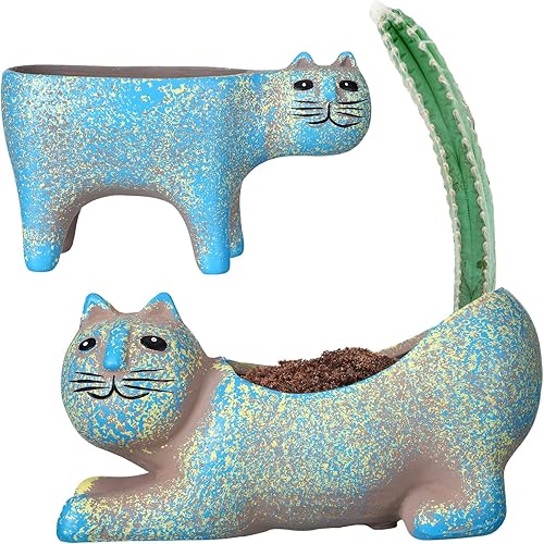 Rtteri 2 macetas de cerámica para gatos de 6 pulgadas de largo con forma de gato, macetas retro para suculentas, pequeñas macetas divertidas para