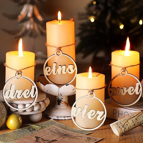 4 piezas de decoraciones de Adviento de Navidad, decoración de velas cristianas de oración Eins Zwei DREI Vier con números de corona de madera,