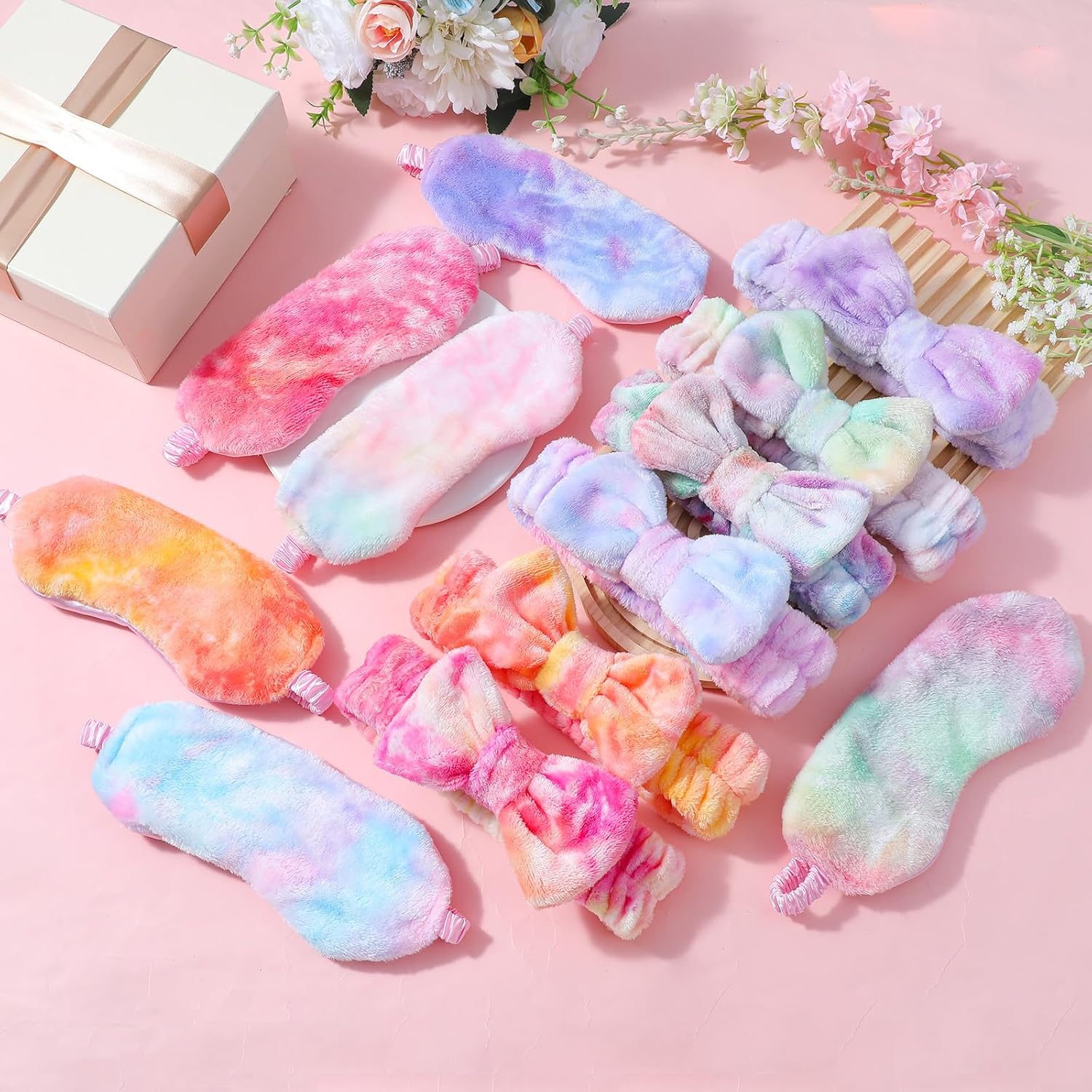 24 Pcs Spa Headband Plush Sleep Eye Mask Set Plush Sleep Eye Mask Soft Spa Headband Gift for Birthday Bachelorette Slumber Wedding Graduation Party Supplies(Tie Dye)