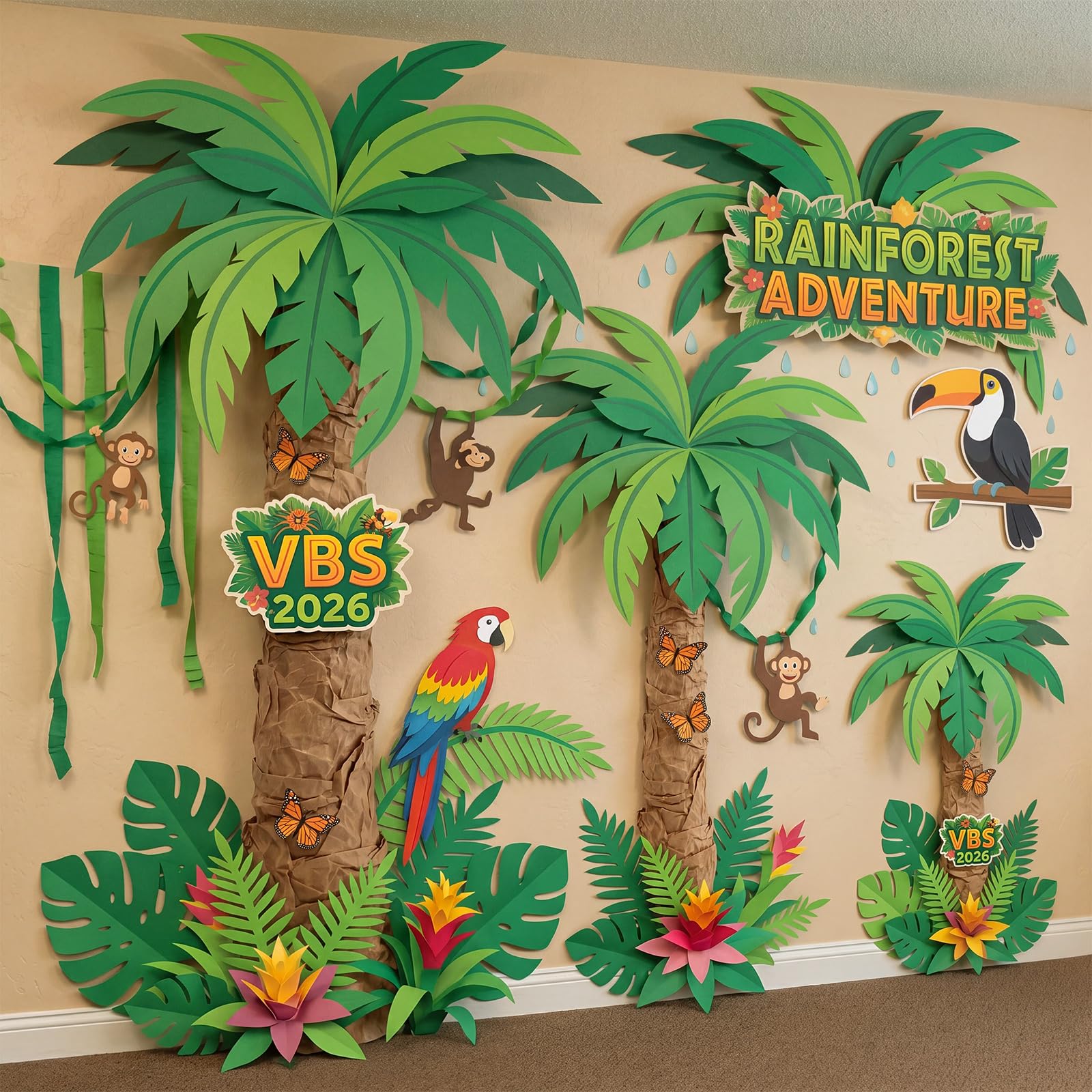Gersoniel Dschungelthema Klassenzimmer Party Dekorationen Gelenkpalmen Kit 30,5 cm x 0,6 m Kraftpapier 36 mehrere Größen grüne Blätter Pappausschnitt, tropische DIY Kokosnussbaum für Regenwald Safari