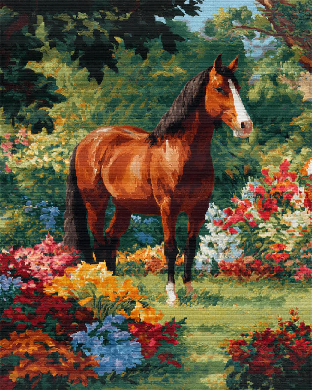 RKFLGEW DIY Seed Bead Embroidery Kits Horses and Flowers 50x70cm