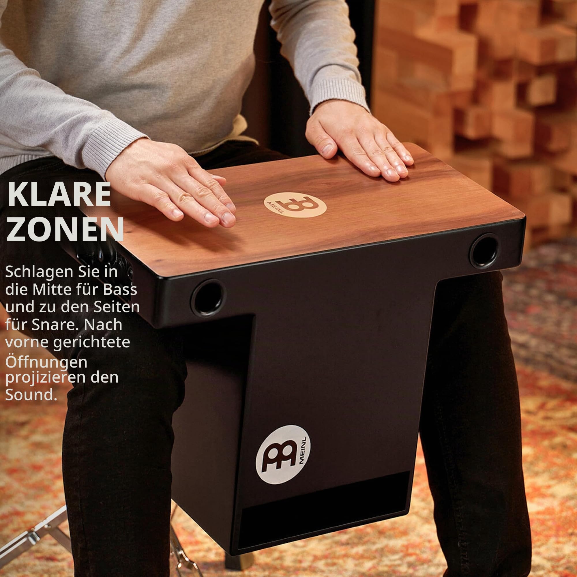 Meinl Percussion Pickup Turbo Slaptop Cajon - rückenschonendes T-Design mit 3 Schallöffnungen vorne - Schlagfläche Walnuss (PTOPCAJ2WN) | T-Design, Snare-Saiten, Schalllöcher vorne, Passiver Tonabnehmer, 14,5 x 10 x 5,75 Zoll, Baltische Birke und Walnuss