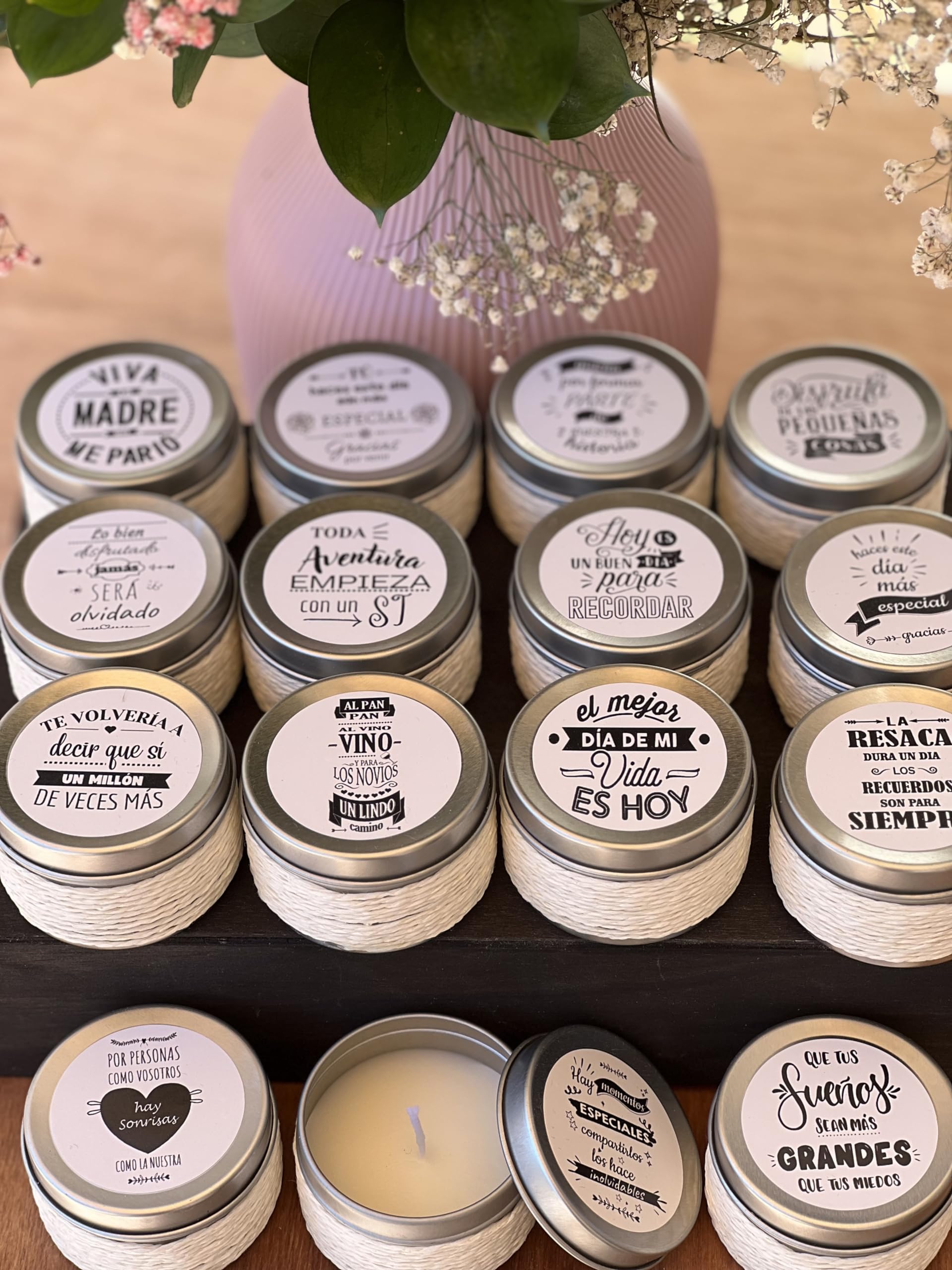 Uvimark | Detalles de Boda, Comunión, Bautizo | Set de 12 Velas Aromáticas con Mensaje a Elegir| Velas Perfumadas Personalizadas