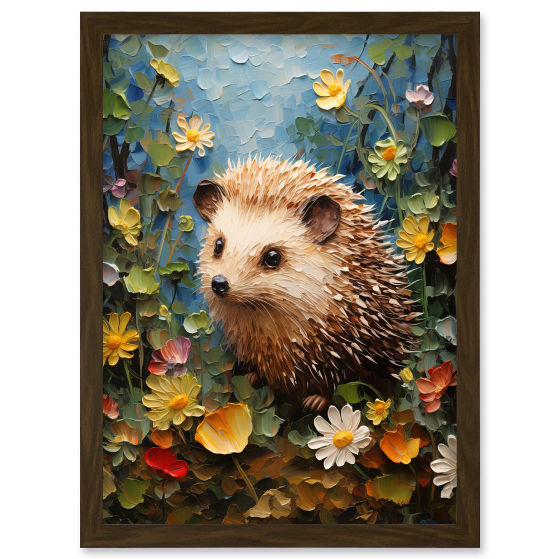 Artery8 Hedgehog Wildflower Meadow Thick Paint Oil Painting Kids Bedroom Cute Woodland Creature Artwork Framed Wall Art Print A4