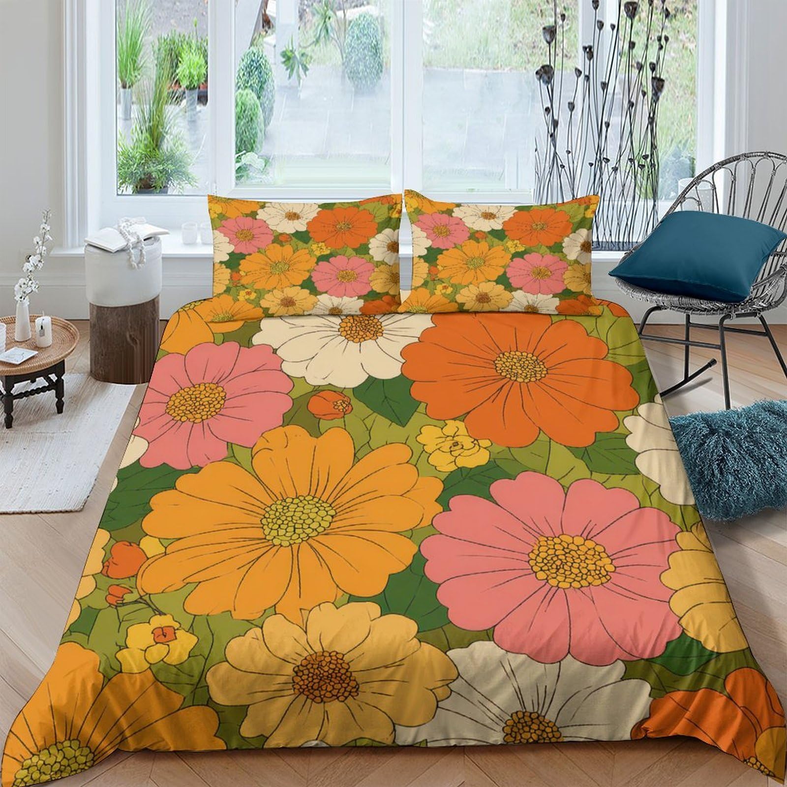 Ctjqhvkz Style-7 3D Printed Retro Floral Fitted Sheet Microfiber Soft Orange Yellow Daisy Mattress Cover For Bedroom Guestroom Decor Single（135X200cm）