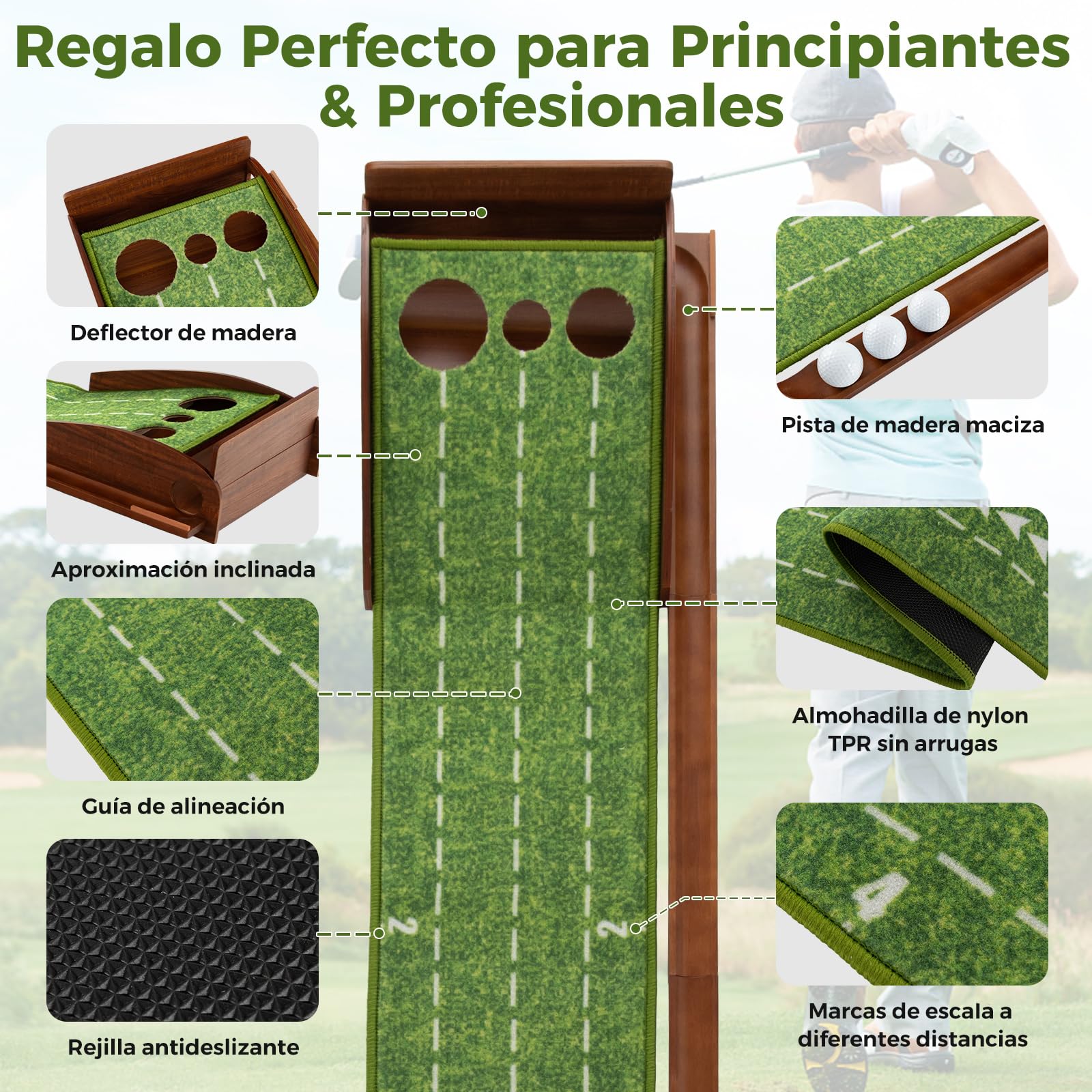 COSTWAY Mini Golf, Alfombra de Putting de Entrenamiento de Golf Interior y Exteriores, 1/2/3 Tamaños De Orificios, Retorno automático de la Bola, 3 Pelotas, Cesped de Minigolf (3 Orificio)