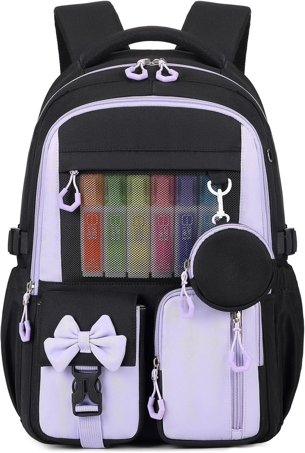 Backpack for School, Kids Backpacks for Girls, Girls Cute Bookbag for Teens, Schoolbag for Elementary Middle School Students, Girl Backpacks Ages 6-8, With Coin Purse, Travel, Camp,Black Purple