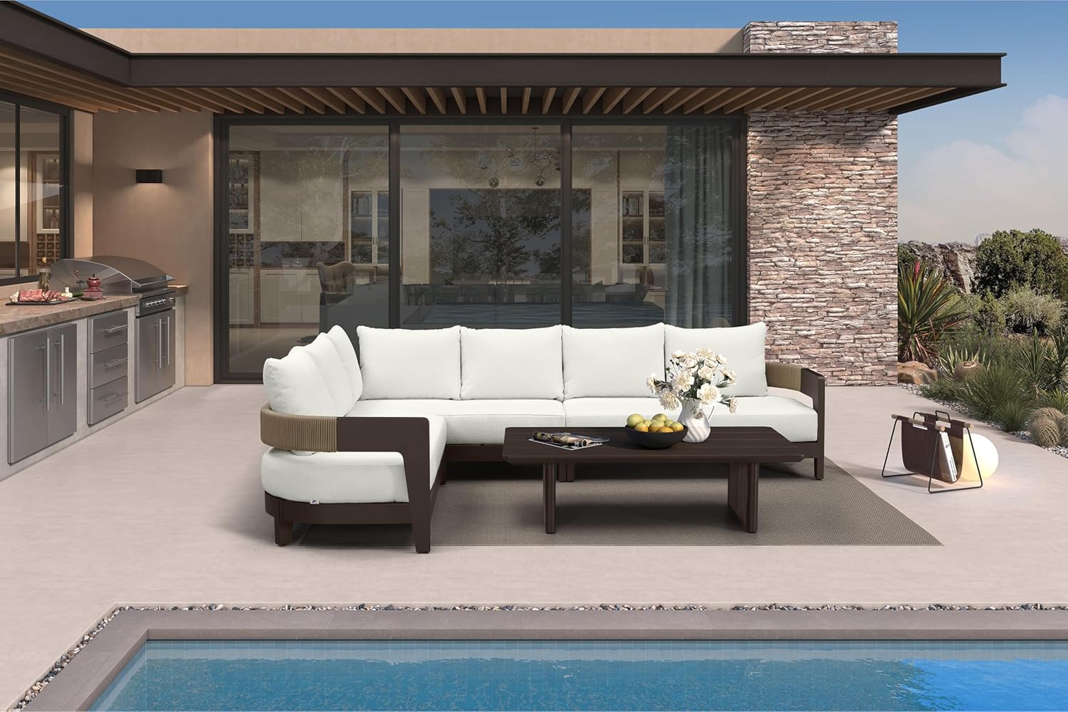 PURPLE LEAF Patio Furniture Set 7 Pieces L-Shaped with Table and Loveseats Aluminum Sectional Sofa 7.87" Thick Removable Cushions & Pillows Outdoor Conversation Sets for Porch Yard Garden