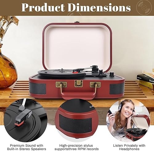 Miniatura 5 de Tocadiscos Vintage Suitcase, tocadiscos portátil Bluetooth de 3 velocidades con altavoces integrados, para discos de vinilo de 71012 pulgadas