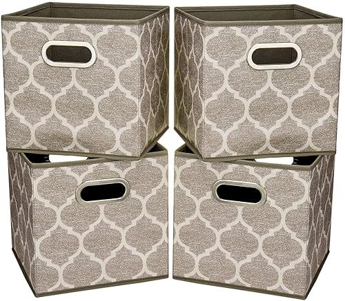 i BKGOO Juego de 4 cajones de tela gruesa, cubos plegables con asas de metal duales para estantes, gabinetes, estanterías, cajas, gris-marrón, 10.5
