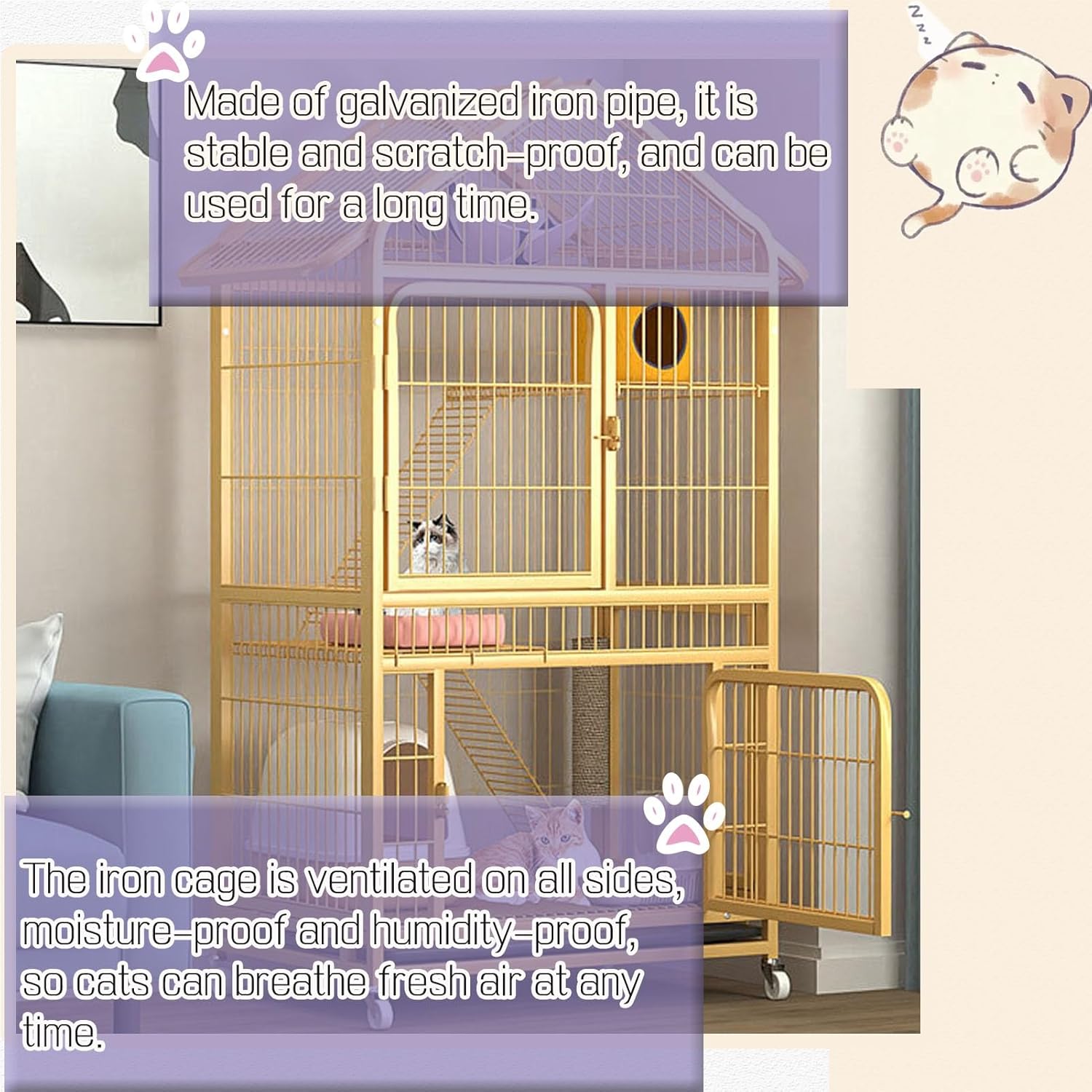 review Oversized Four-Story Cat House Wire Cat Cage Multifunctional Cat Condo with Universal Wheels Cat Villa with Locking Iron Door Cat Scratching Post L33〃*W24〃*H65〃(Yellow)