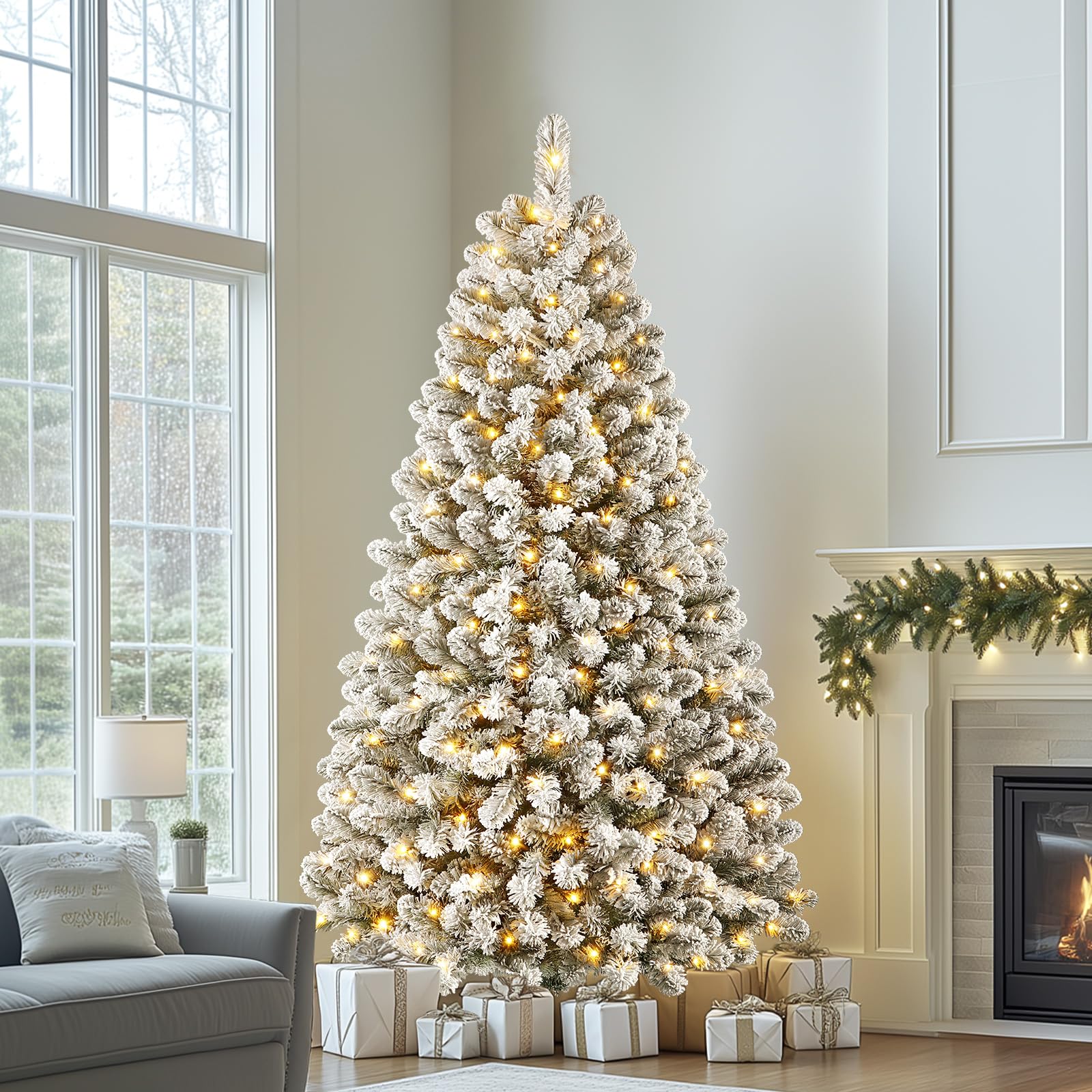 SHareconn Albero di Natale Artificiale 210cm Neve e Luci LED 320 LED Bianco Caldo, 8 Modalità, Pieghevole & Antifiamma