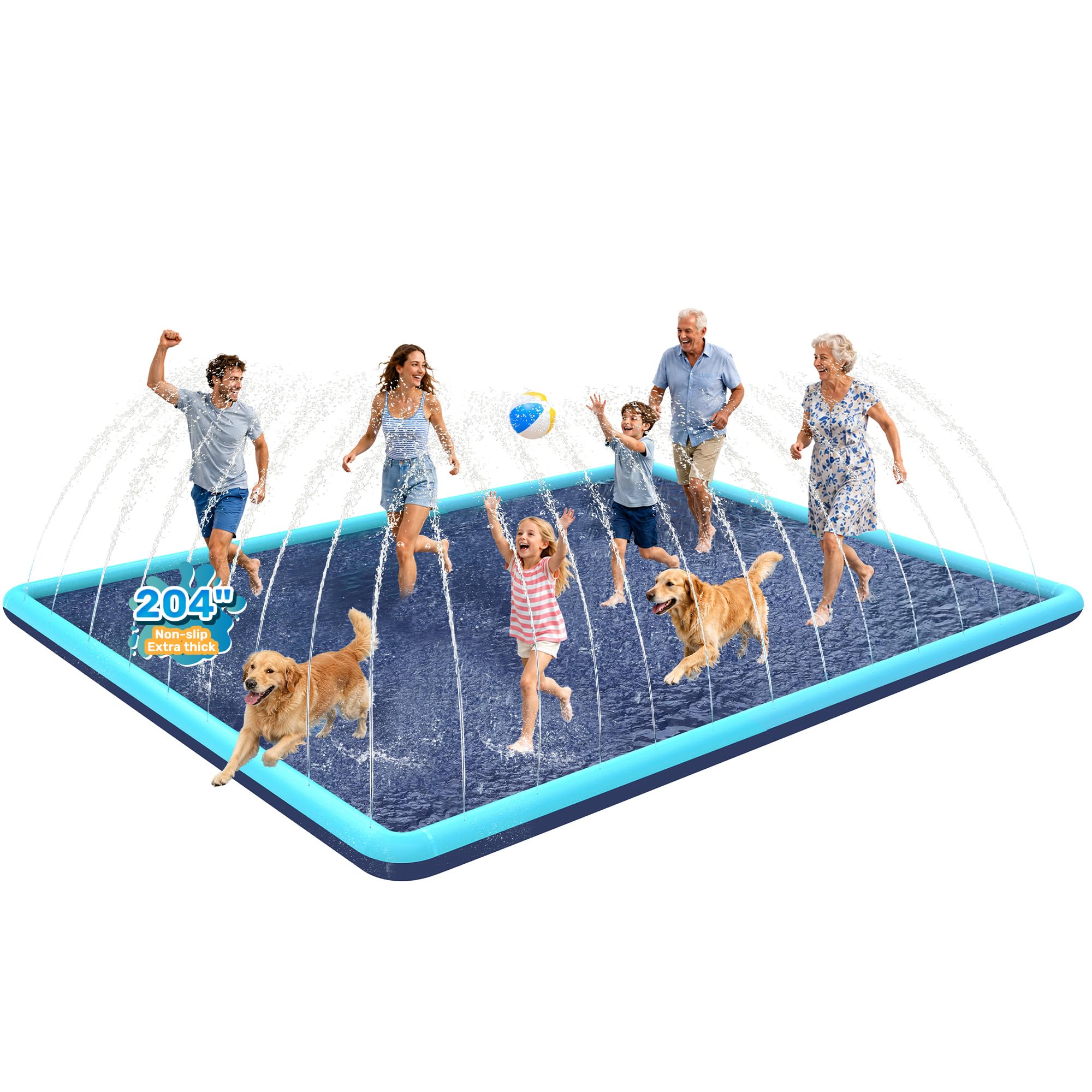 204" Gaint Splash Pad for Dogs, Non-Slip, Rectangle Splash Pad for Kids Ages 4-8,Giant Splash Pads for Toddlers 1-3, Dog Sprinkler Shallow Pool, Outdoor Water Toys for Backyard, Teal