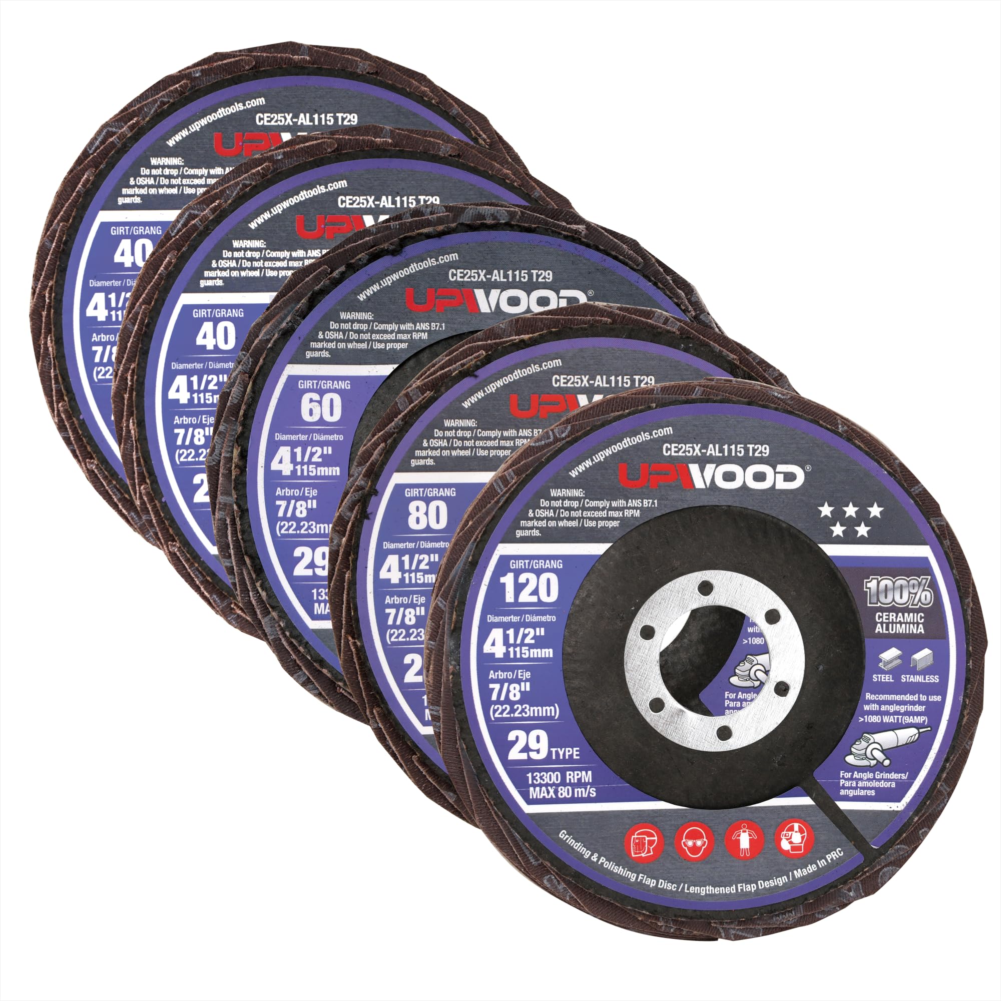 UPWOOD 5-Pack 4.5" x 7/8" Ceramic Flap Disc, Mixed Grit (#40 x 2, #60 x 1, #80 x 1, #120 x 1), Bevel Type #29