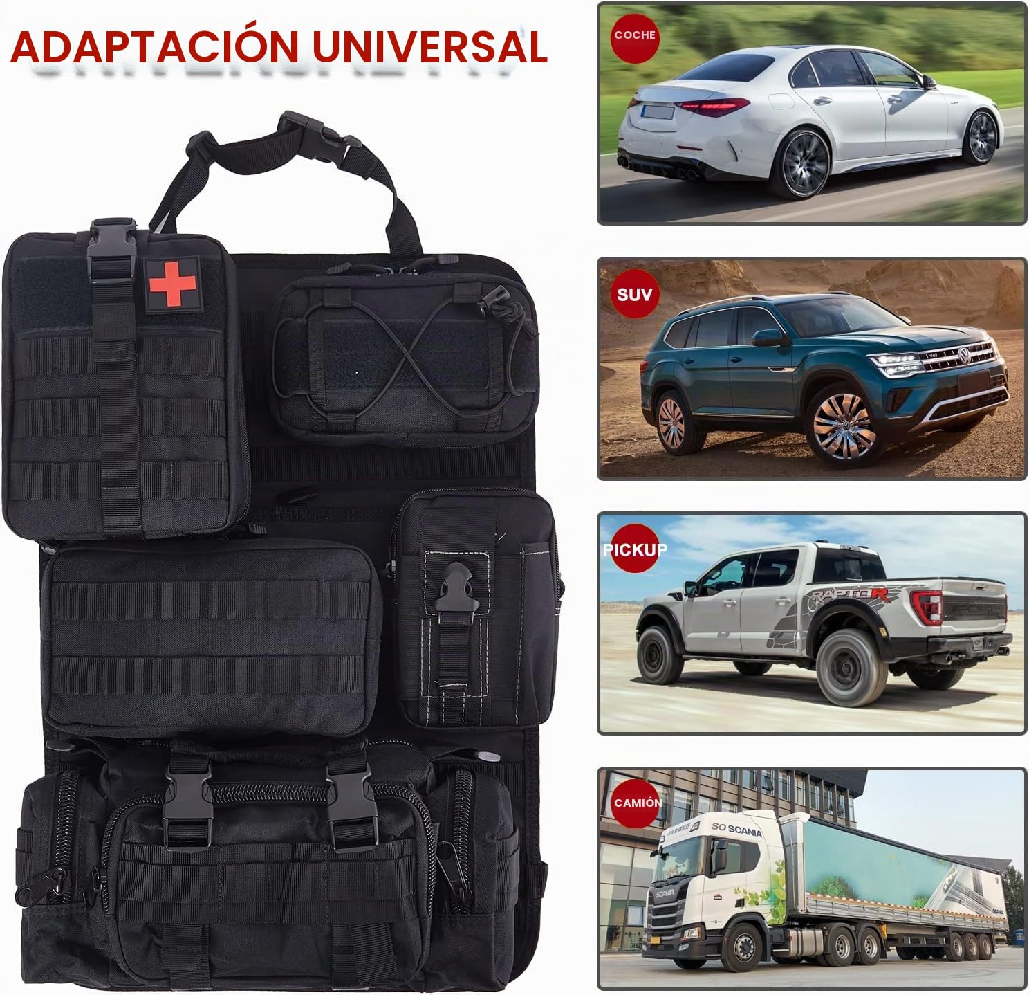 Organizador táctico Refein para asiento de coche, protección para el respaldo con 5 bolsillos de muelles removibles para acampar, organizador impermeable para asiento trasero de camioneta Ford Jeep