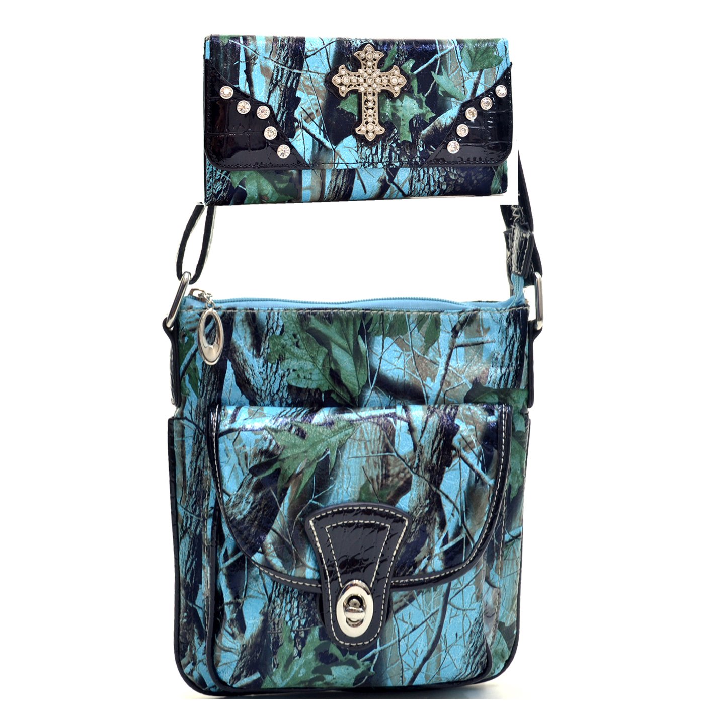 Western Camouflage Camo Cross Body Messenger Bag With Matching Wallet - Blue