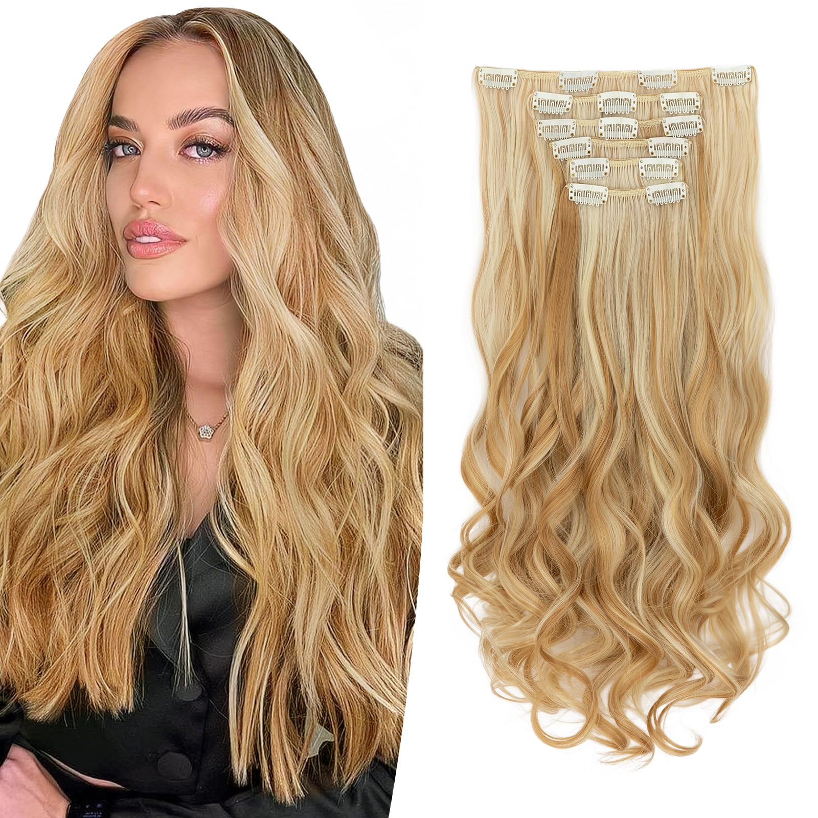 TESS Blonde Curly Hair Extensions Clip in 22 Inch 6PCS 16 Clips Heat Resistant Synthetic Wig Tangle-Free Double Weft Hair Pieces for Women UK 150g #27H613 Balayage Dark Blonde & Bleached Blonde