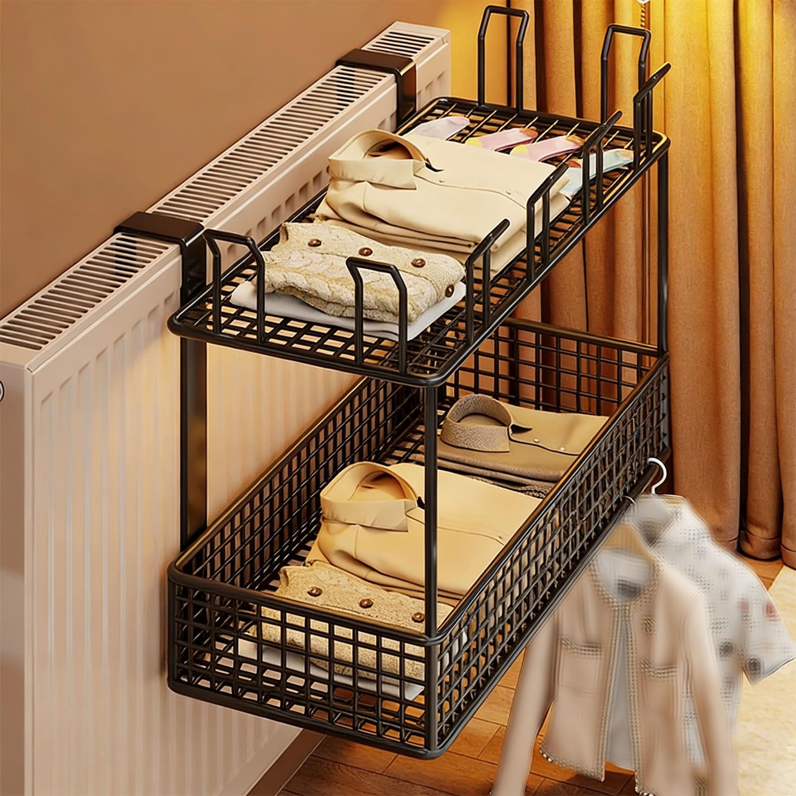 Pxamortel Black Floating Radiator Storage Shelf Rack Wrought Iron Hanging Radiator Shelf, White, Multiple Sizes, No Drill, Strong(,40X21x27cm)