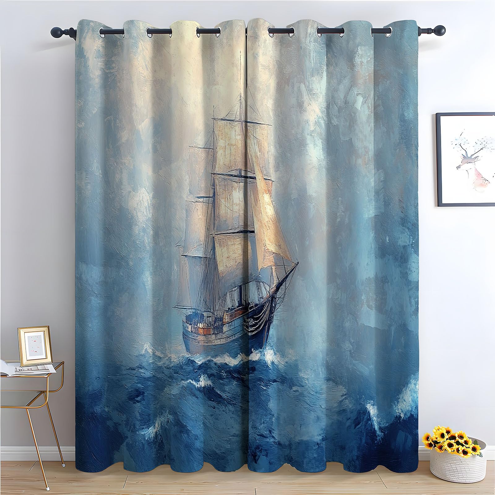 WIKEO Floral Curtains for Living Room Abstract Ocean pattern Botanical Blackout Curtain,Thermal Insulated Long Farmhouse Print Decorative Grommet Drapes, 2 Panels-52 W x 96" L (Pack of 2)
