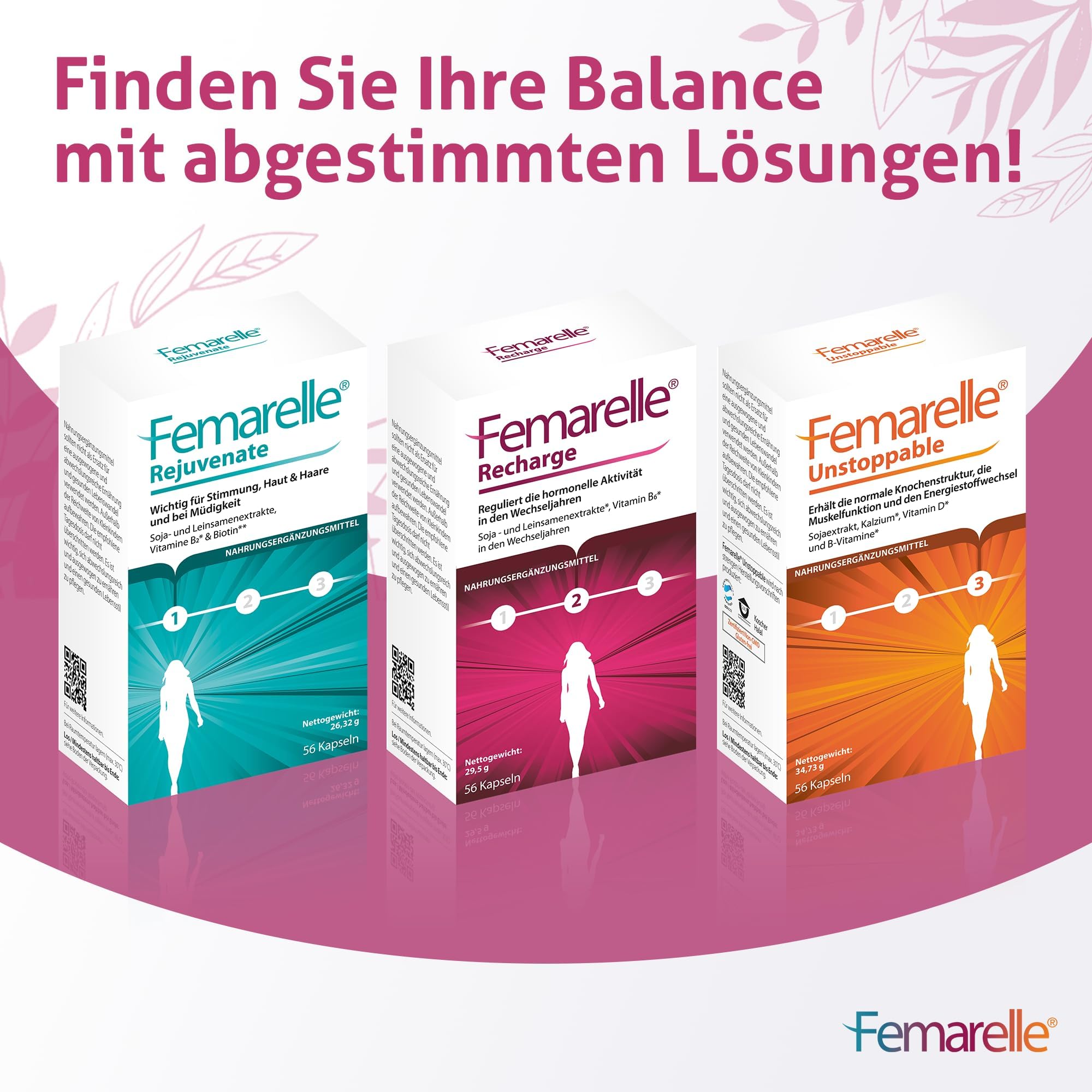 Femarelle Recharge - Wechseljahre Kapseln, Meno Komplex für Frauen - hormonelles Gleichgewicht in der Menopause - Meno Balance - Mit DT56a, Leinsamen-Extrakt* und Vitamin B6*