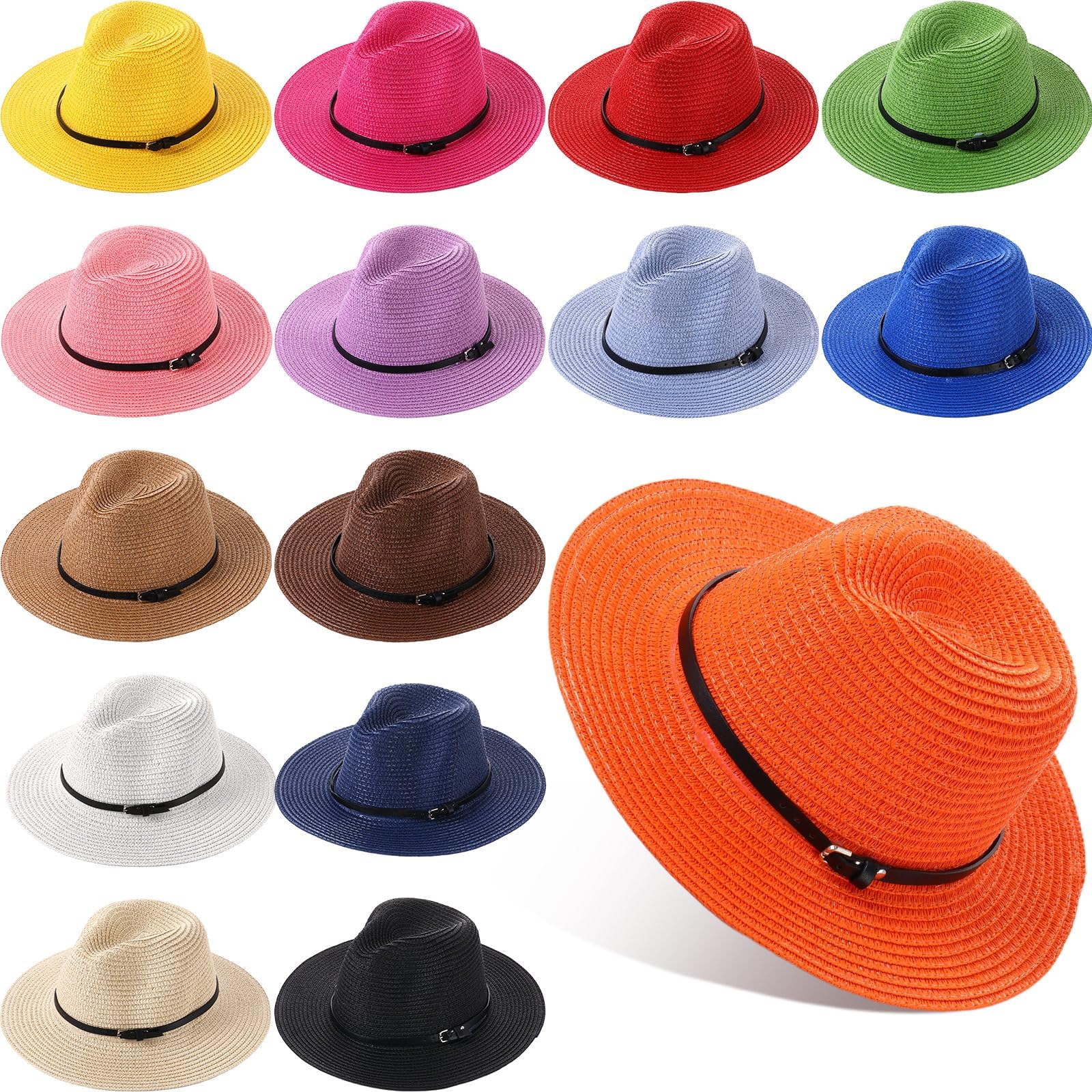 Yahenda15 Pcs Straw Cowboy Hat Western Straw Fedora Hats Colorful Party Hats Cowgirl Hat Straw Panama Hat Sun Hats Bulk for Women Men Western Theme 1920s Summer Camping Garden Beach Fishing, 15 Colors, Medium