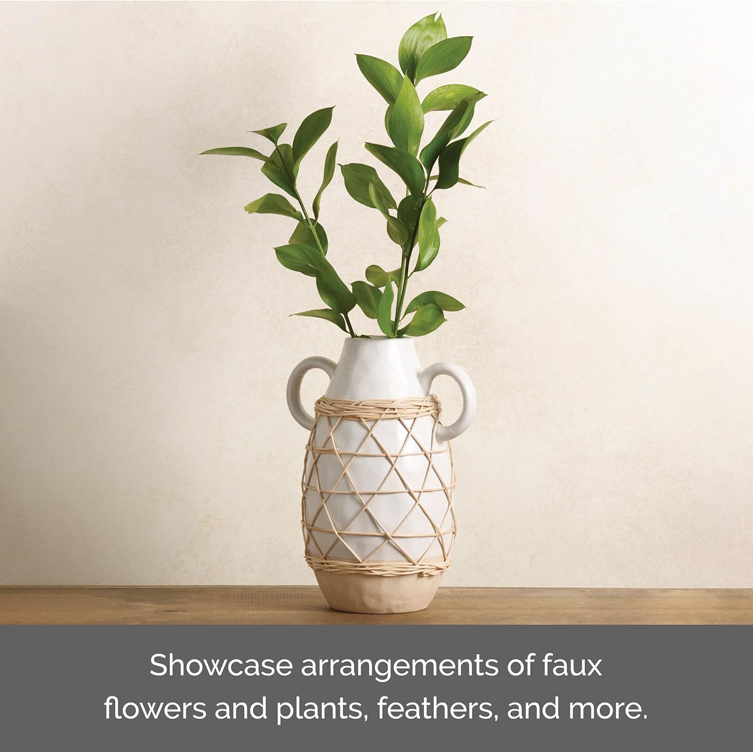 Elements Ceramic Vase with Handles and Rattan Weaving, 9 Inch, White