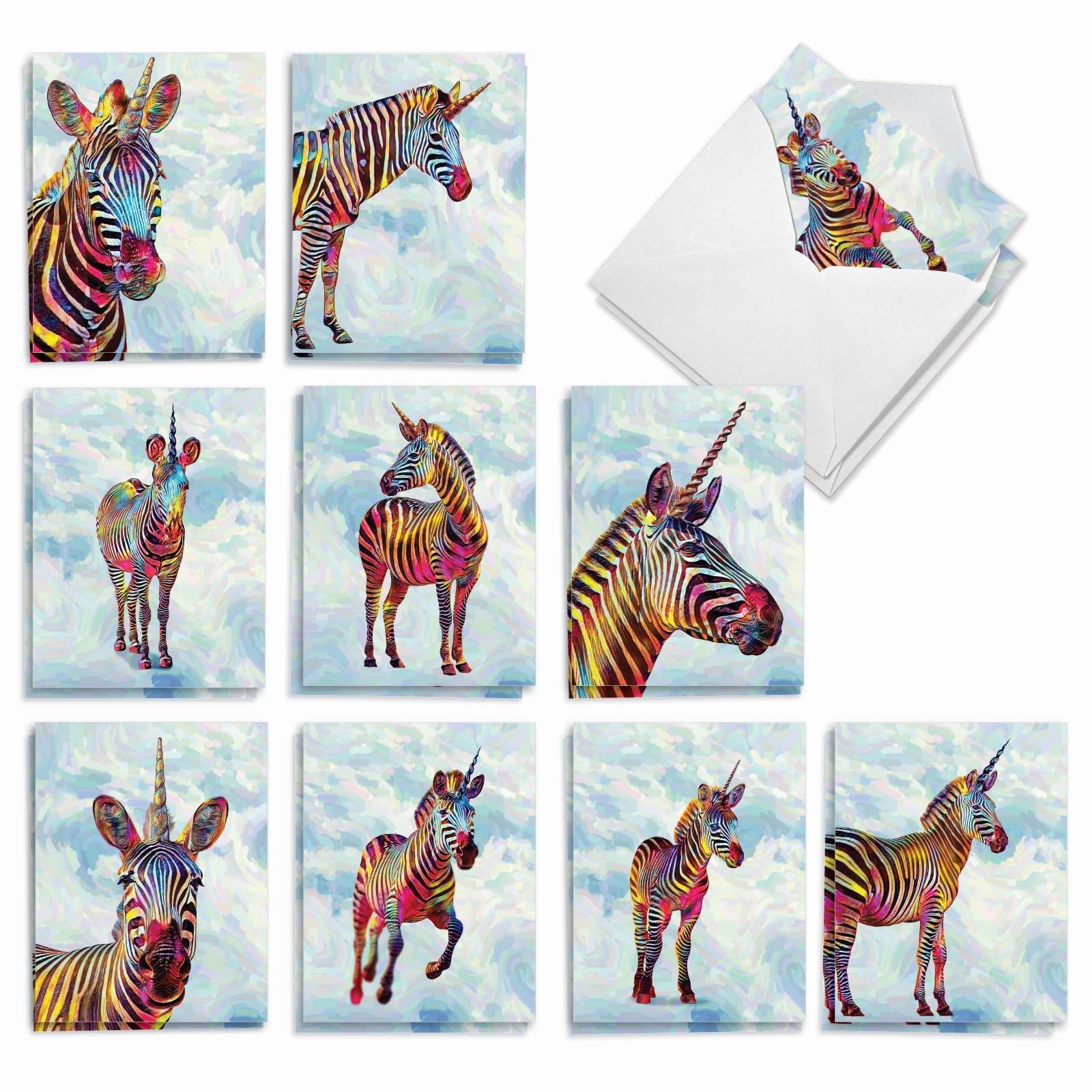 The Best Card Company 20 Assorted Blank All Occasions Notecards Box Set 4 x 5.12 Inch with Envelopes (10 Designs, 2 Each) Zebra-corns AM10312OCB-B2x10