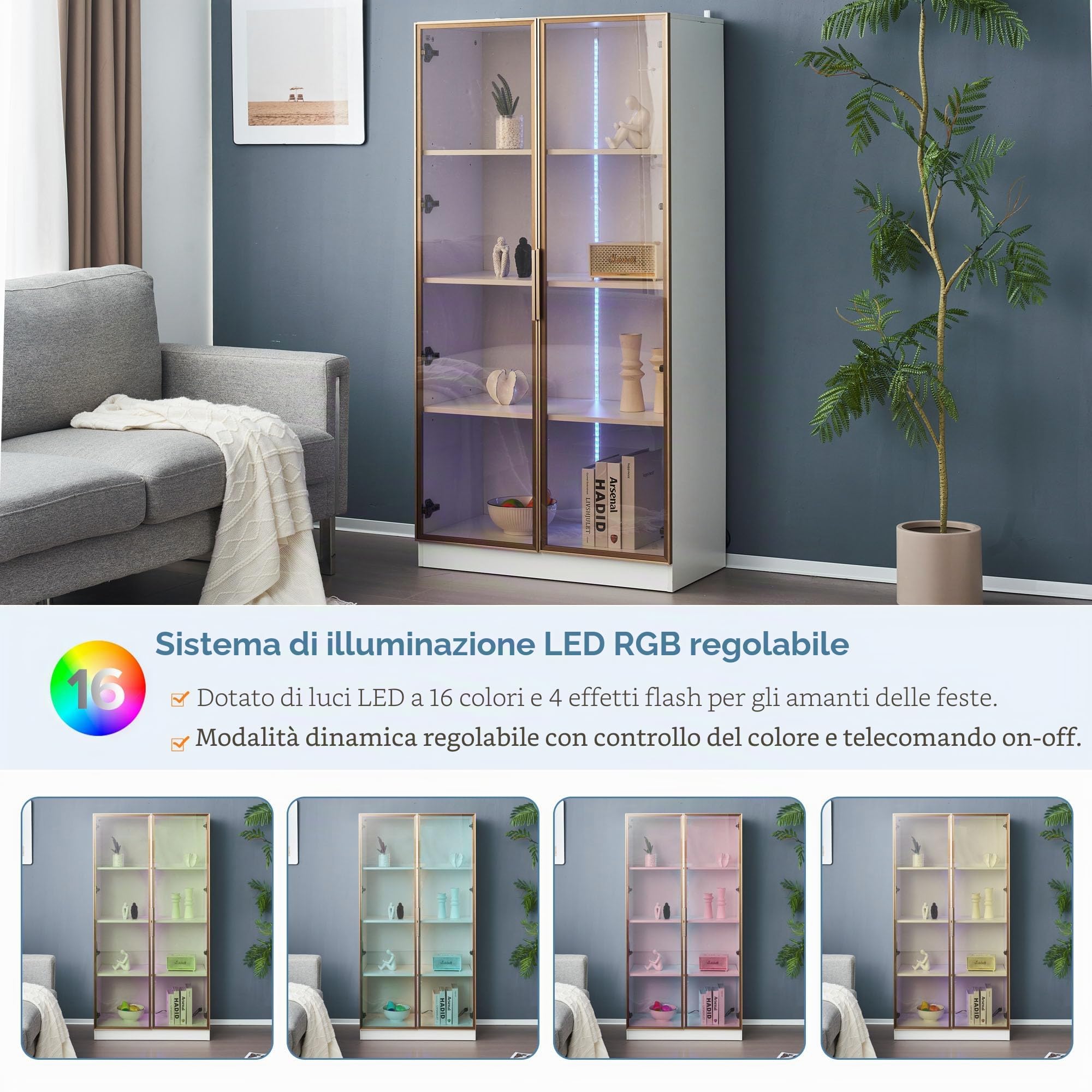 KAZZIO Vetrina in vetro bianco con illuminazione a LED a 16 colori, a doppia porta con ripiani mobili, 80 x 40 x 160 cm, mobile alto per soggiorno, vetrina, (bianco)