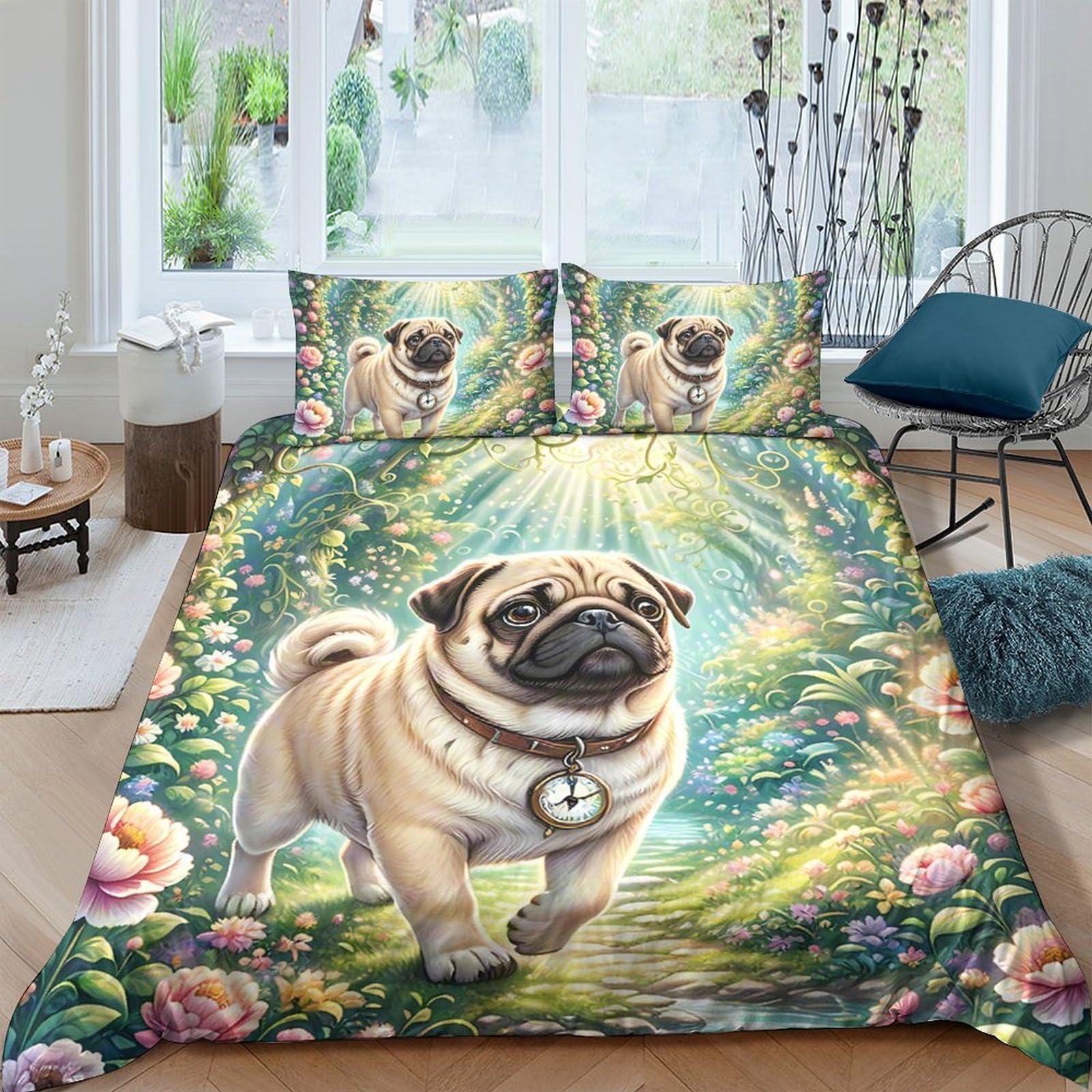 GPLZQXKJNH 3D Printed Pug Garden Duvet Cover Set Microfiber Soft Breathable Floral Quilt Cover with 2 Pillowcases for Bedroom Decor Single（135x200cm）