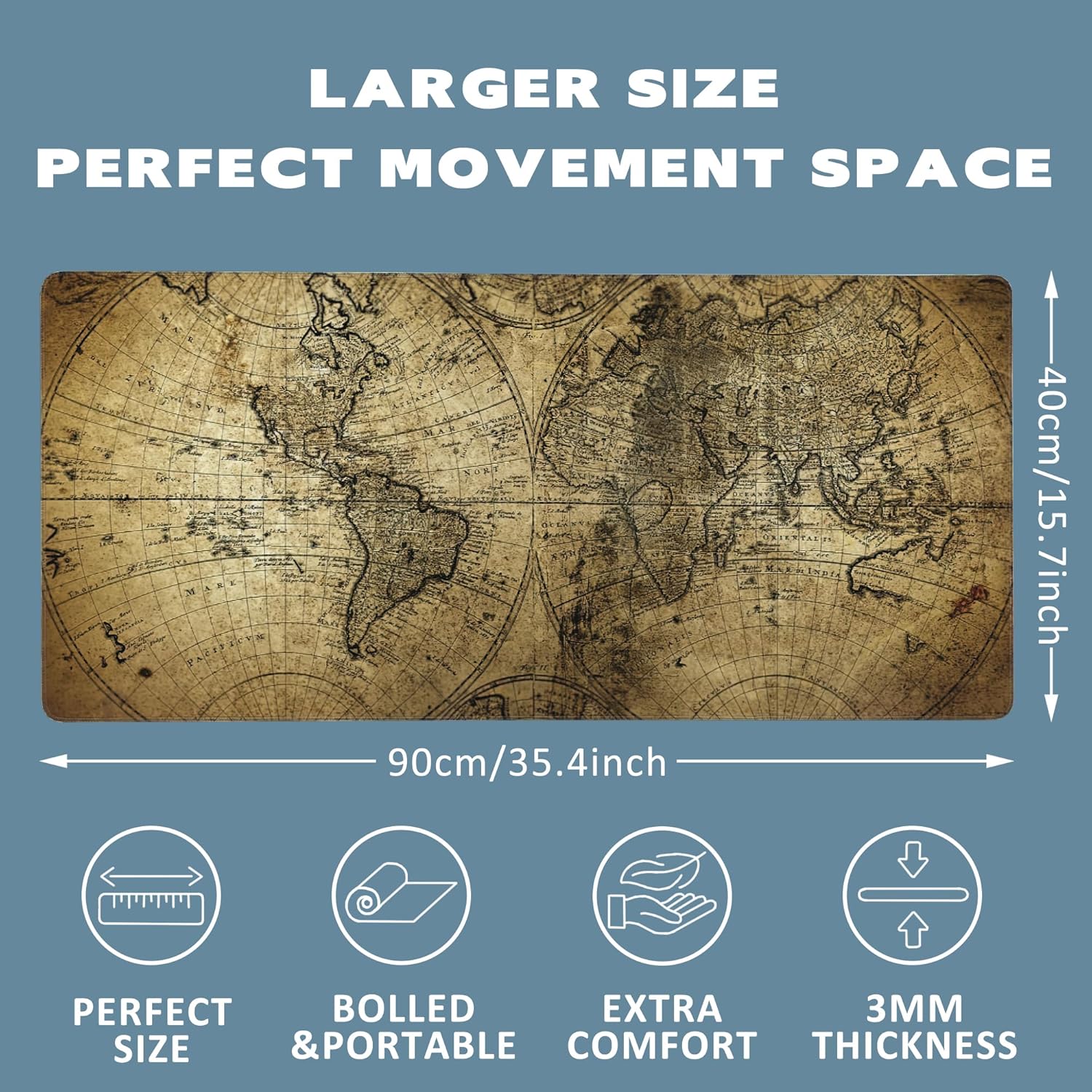 Large Mouse Pad Retro Map Extended Gaming Mouse Pad Non-Slip Desk Mat with Stitched Edge Laptop Computer Keyboard Mousepad for Office Home 35.4" x 15.7" - Image 2