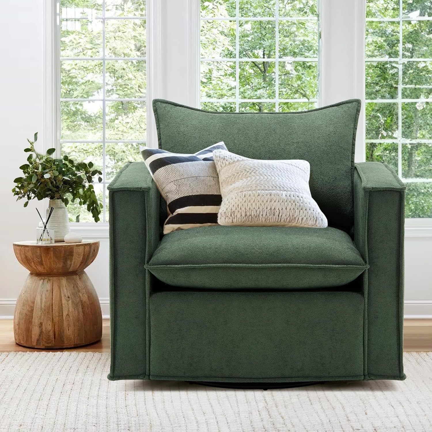 COLAMY Swivel Accent Chair, 34 Inches Wide Upholstered Arm Chair with Plump Back Pillow, Modern Sofa Living Room Chair for Bedroom, Corner, Reading Nook-Green Green Set of 1