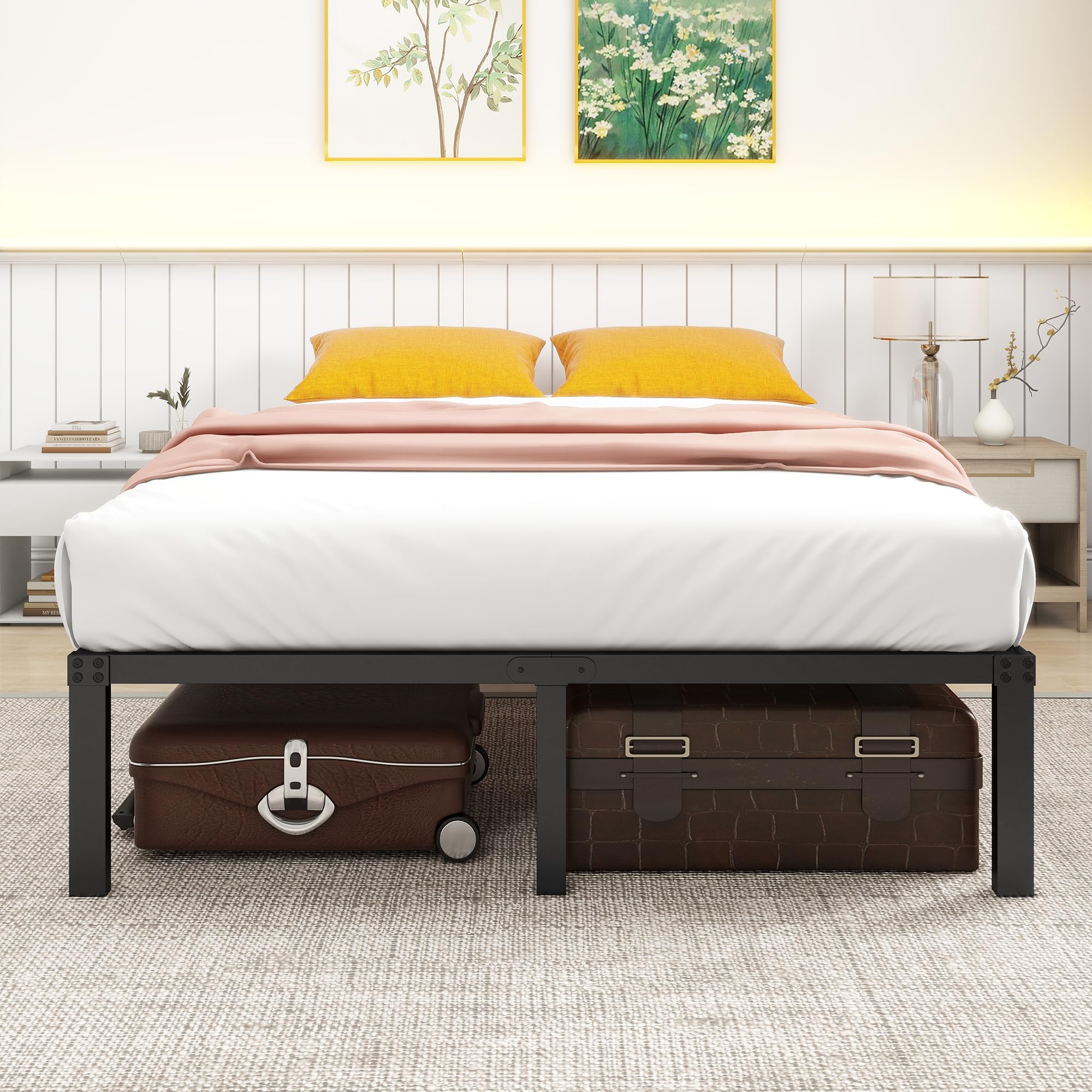 HOMERECOMMEND 36 cm 4ft6 Double Metal Platform Bed Frames Double with Storage Under Bed/Steel Slats Mattress Base, No Box Spring Needed, Enhanced Support Noise Free,Black