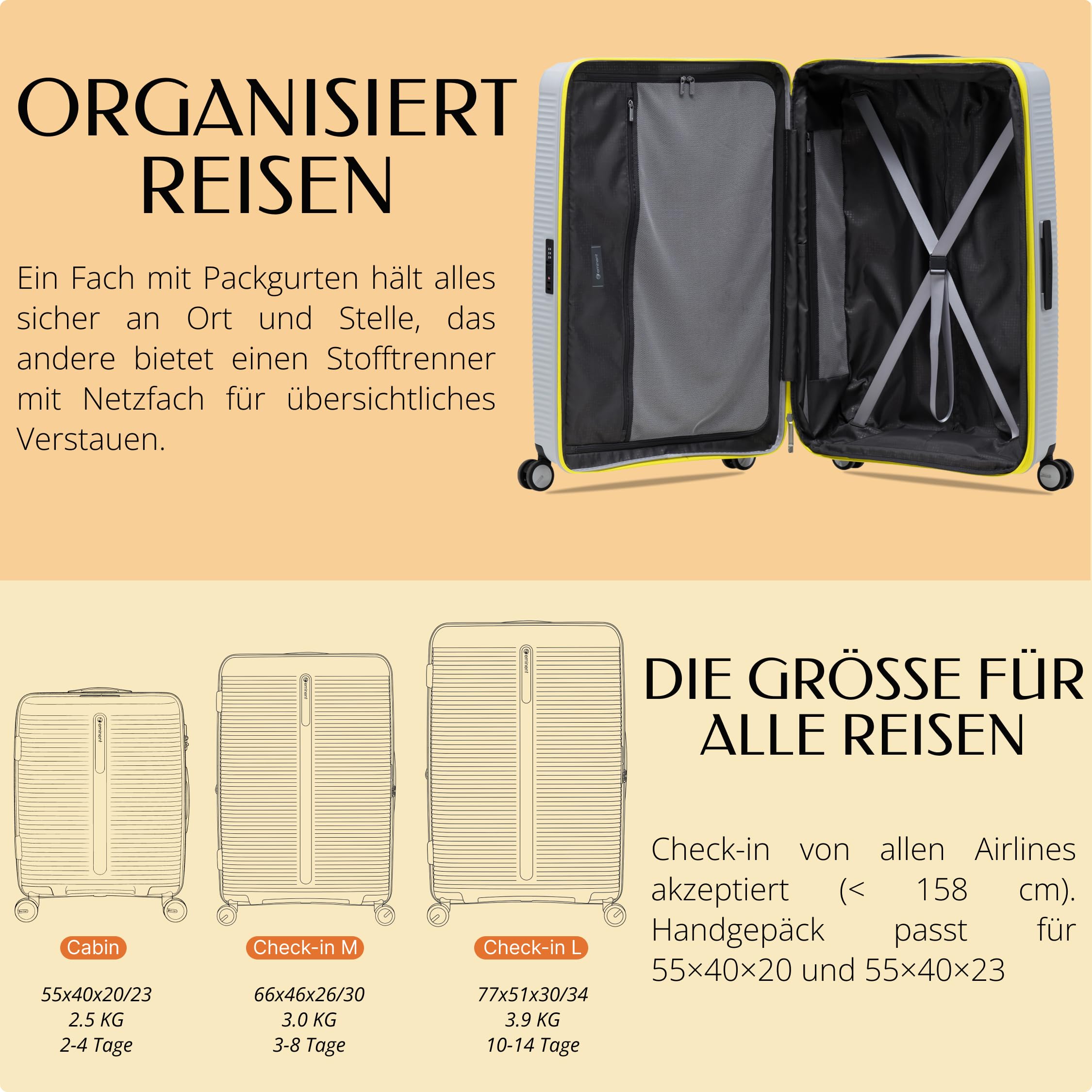Eminent Finno Kofferset 3-Teilig, Erweiterbar, Hartschalenkoffer, 4 Rollen, Leicht, TSA Schloss, Handgepäck Mittel Groß, Reisekoffer Rollkoffer Urlaub Reise Grau