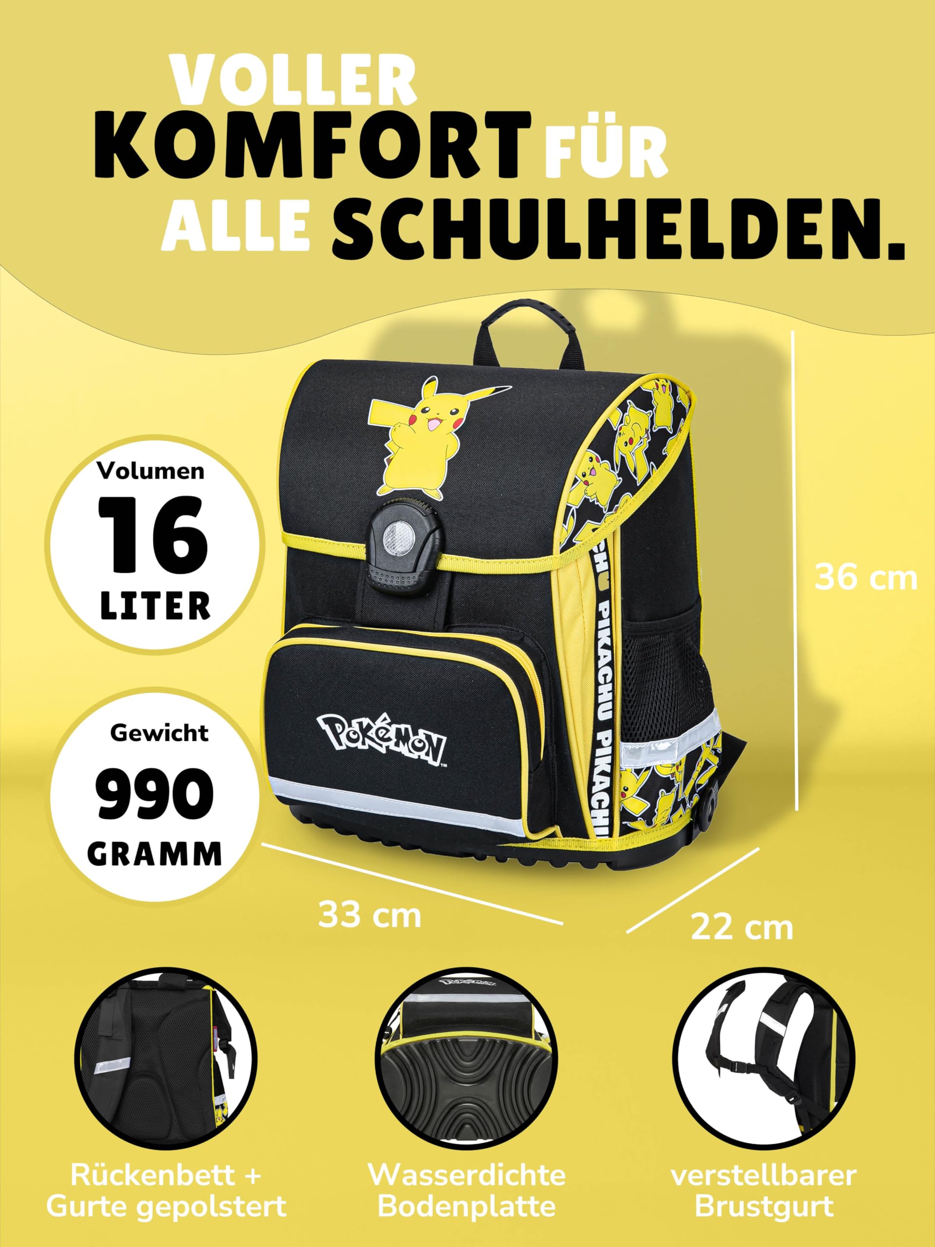 Familando - Schulranzen Set 10-teilig mit Schultüte - Pokémon mit Pikachu Motiv - Ergonomisch, stabil & mit gepolstertem Rücken - 990g leicht, 16L Volumen - Mit Reflektoren - ab 1. Klasse