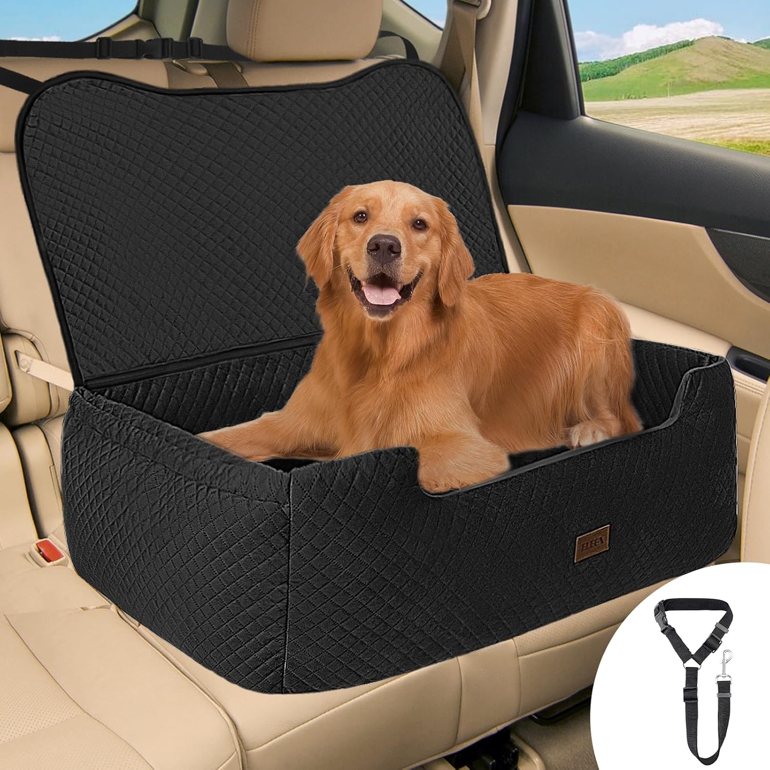 ELEGX Extra Large Dog Booster Car Seat,for Up to 60 Lbs or 2 Small Dog,Inner Thick Height-Boosting Foam Cushion,Effective Seat Back Protection,Soft Short Plush Fabric (Black, Extra Large) Black Extra Large
