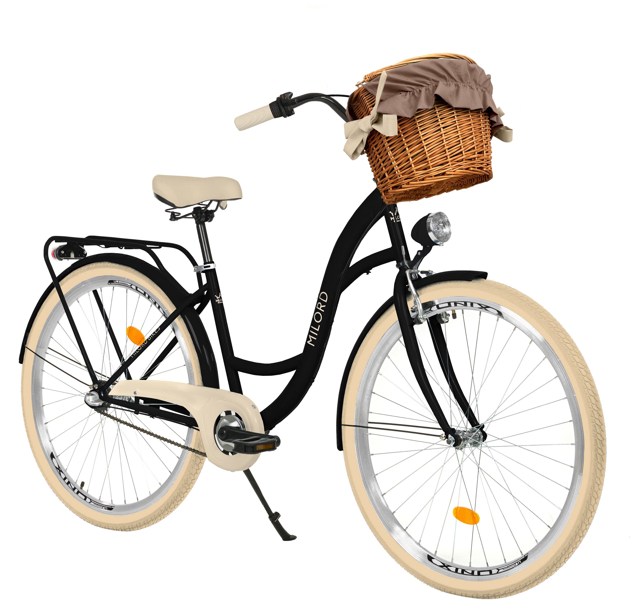 MILORD. 26 Zoll 3-Gang, schwarz und Creme, Komfort Fahrrad mit Korb und Rückenträger, Hollandrad, Damenfahrrad, Citybike, Cityrad, Retro, Vintage