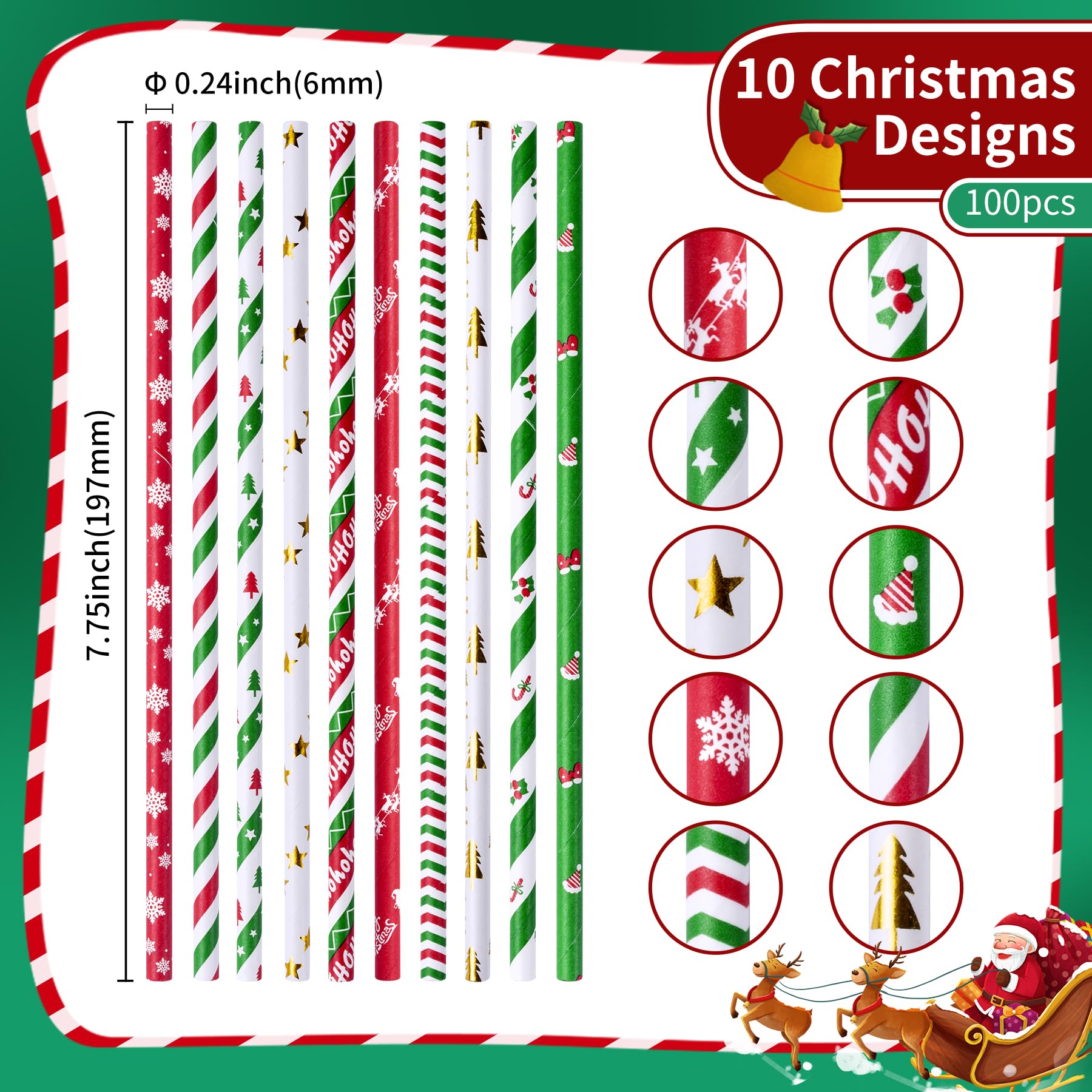 Christmas Paper Straws 10 Styles Red Green Gold Christmas Drinking Straws Snowflake Tree Decorations Straws for Christmas New Year - Image 2