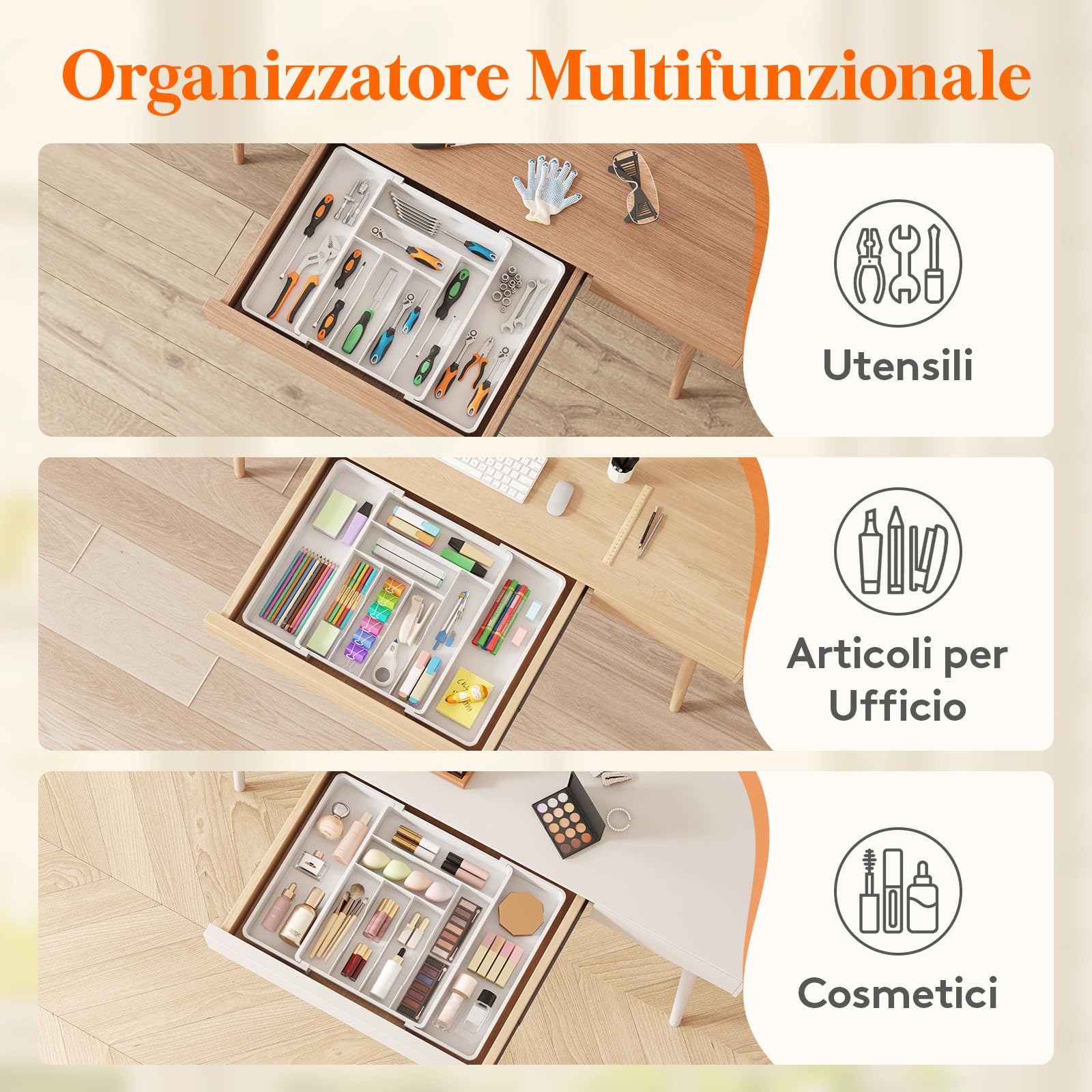 Lifewit Portaposate da Cassetto Espandibile, Larghezza 33-57 cm, Organizer Utensili per Cucina Salvaspazio, Accessori Cucina per Cucchiai, Forchette, Profondità 42,4 cm, Bianco