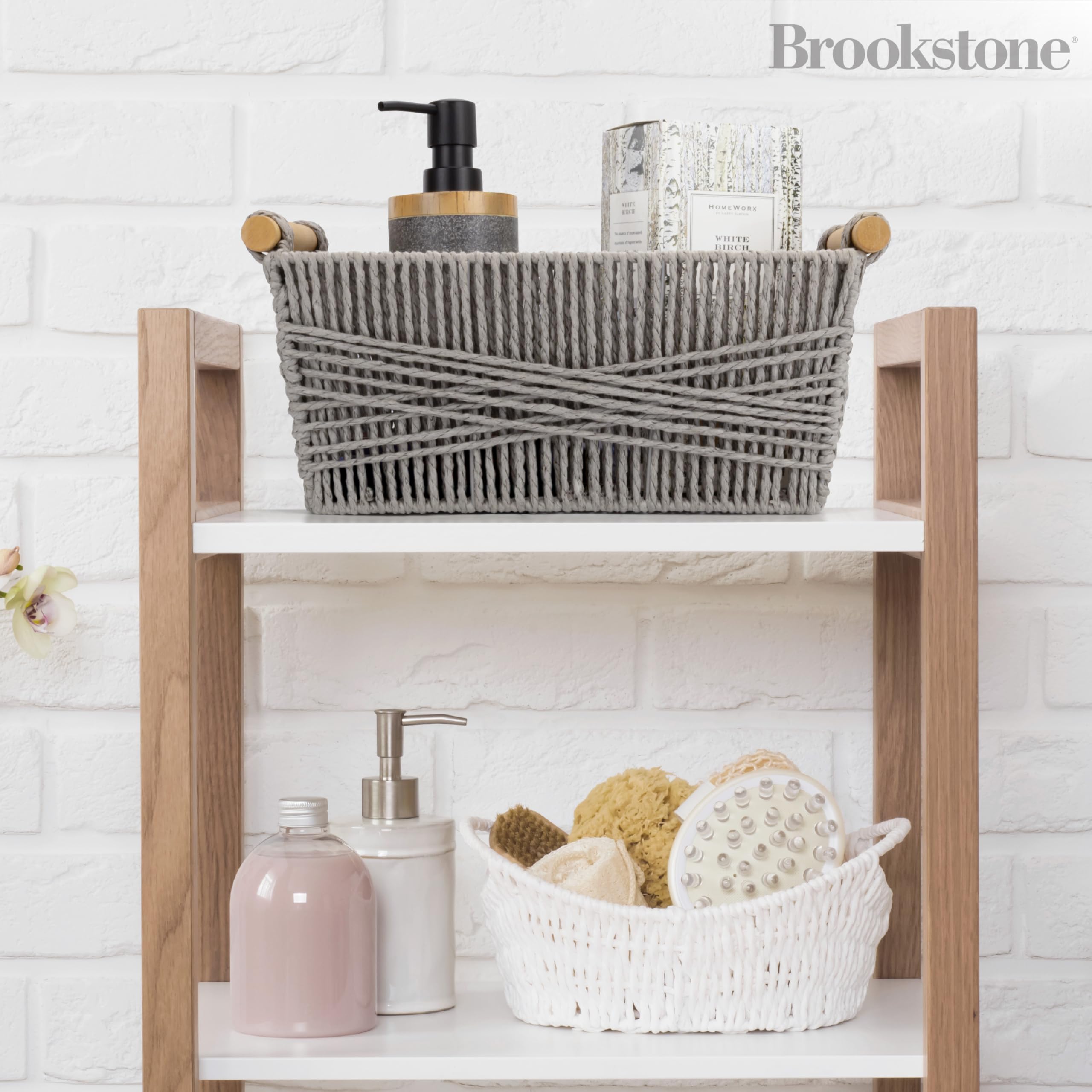 BROOKSTONE [Juego de 2 unidades] Cesta de almacenamiento de mimbre, organizador bohemio y contenedor de almacenamiento, contenedor decorativo, sobre la reserva de papel higiénico, adecuado para