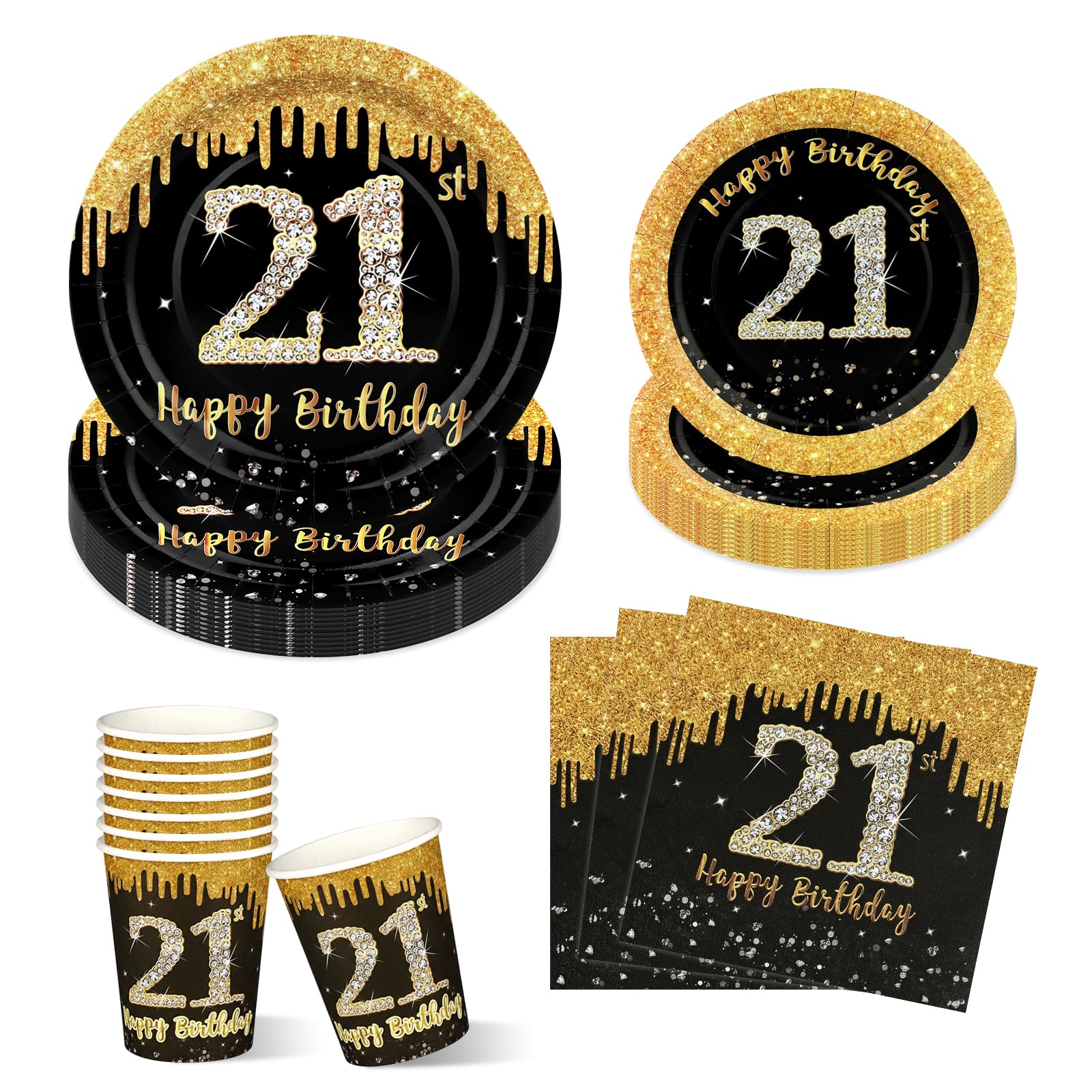 LAWALEISHE 21st Birthday Paper Plates 7" and 9", 100 PCS Black Gold Glitter Disposable Paper Plates Cups and Napkins, Party Tableware Set Serves 25 Guests for 21st Birthday Decorations
